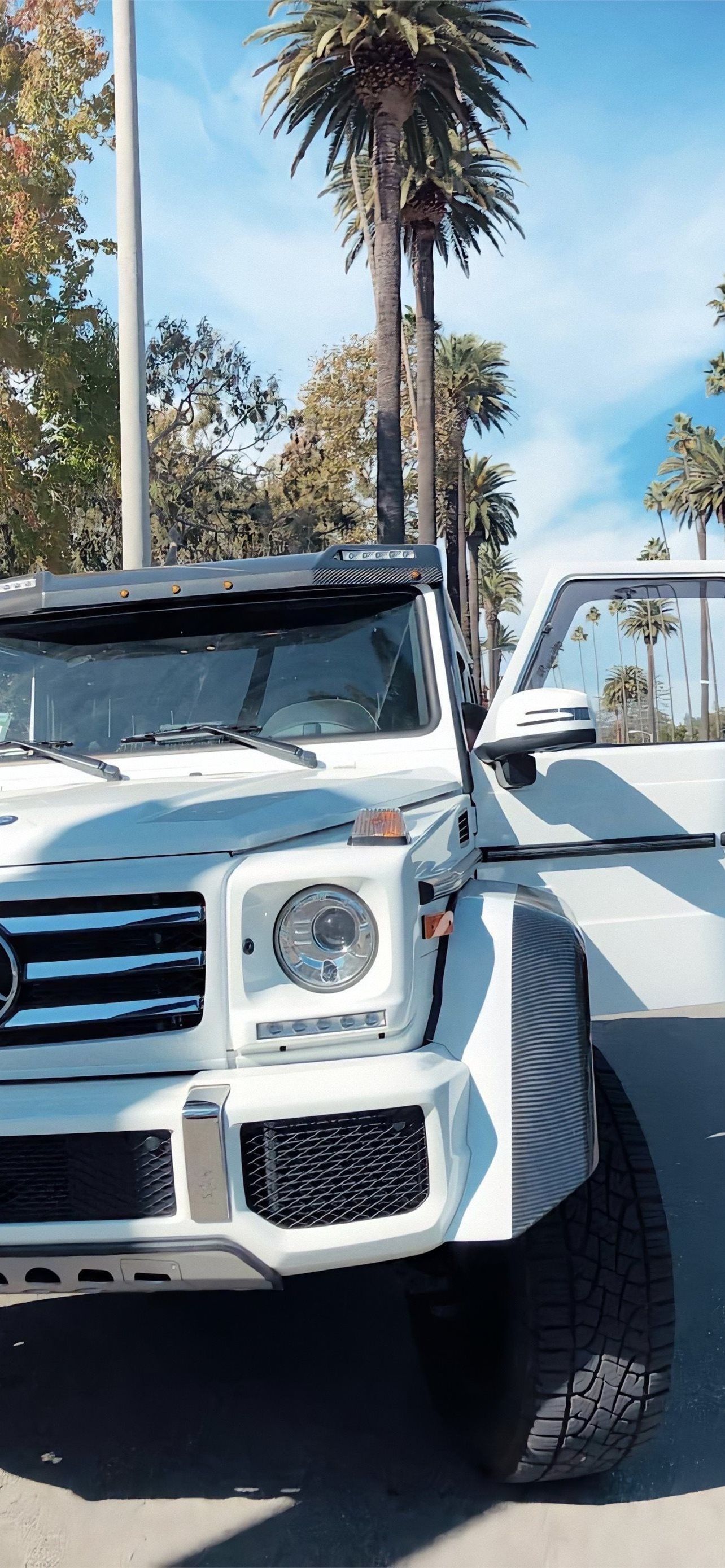Mercedes G-Klasse, Weiß, Palmen, Geländewagen, Hochformat, Hintergrundbild fürs Smartphone