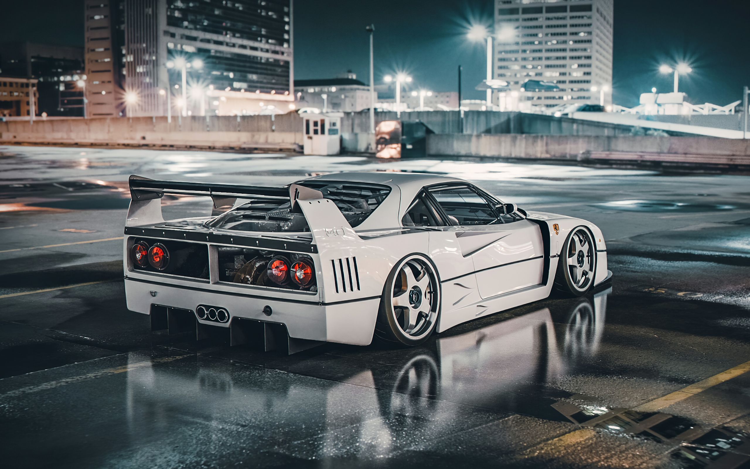 Ferrari F40, Weißer Sportwagen, Nacht, Parkplatz, Spiegelung, 2K, Desktop-Hintergrund