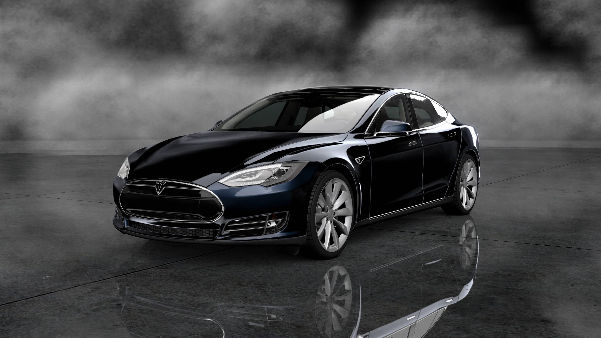 Tesla Model S, Tesla, Schwarze Limousine, Studio, Spiegelung, Monochrom, Full HD, Breitbild-Hintergrundbild