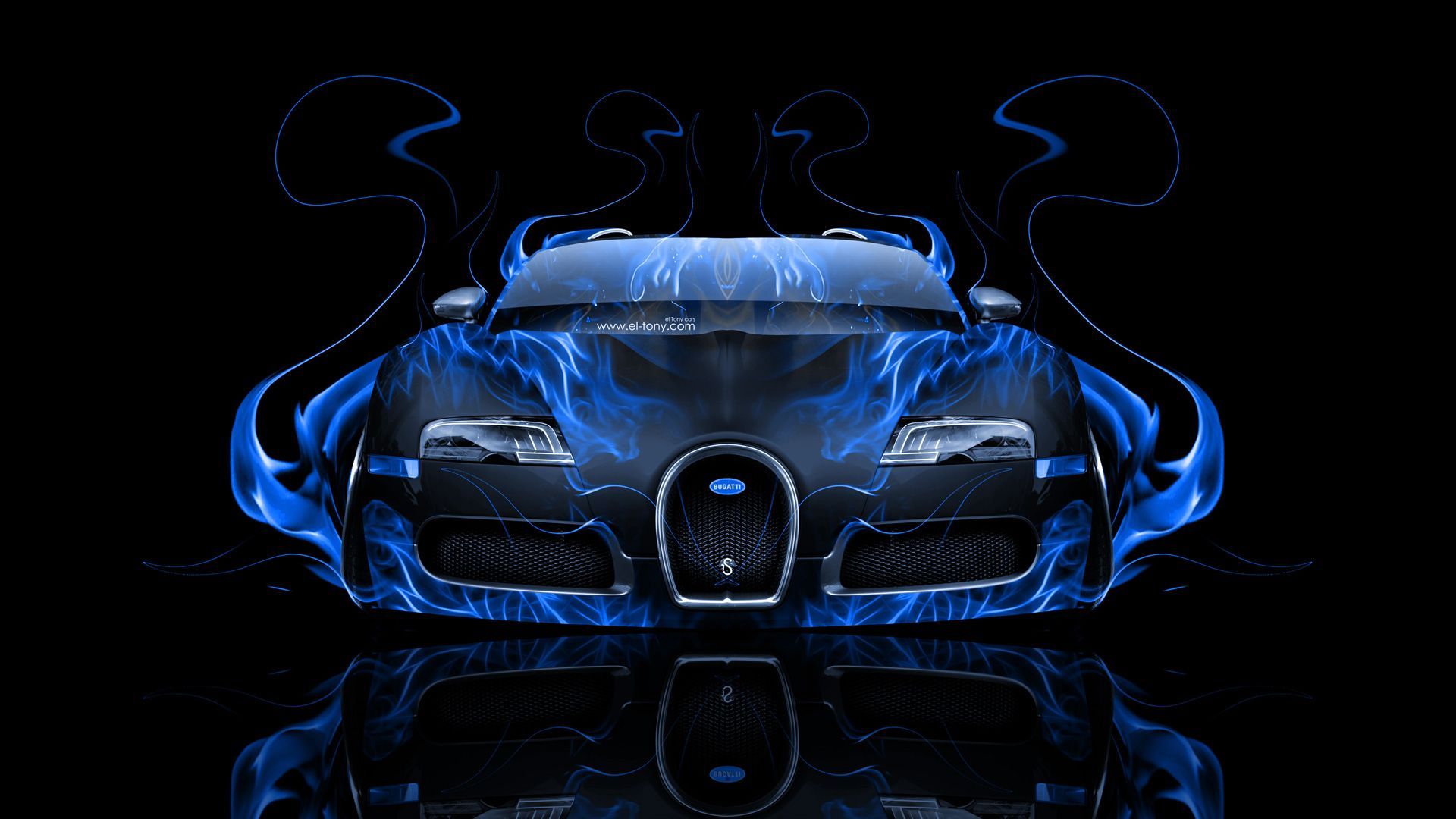 Bugatti Veyron, Blaue Flammen, Digitale Kunst, Spiegelung, Schwarzer Hintergrund, 1080p Wallpaper