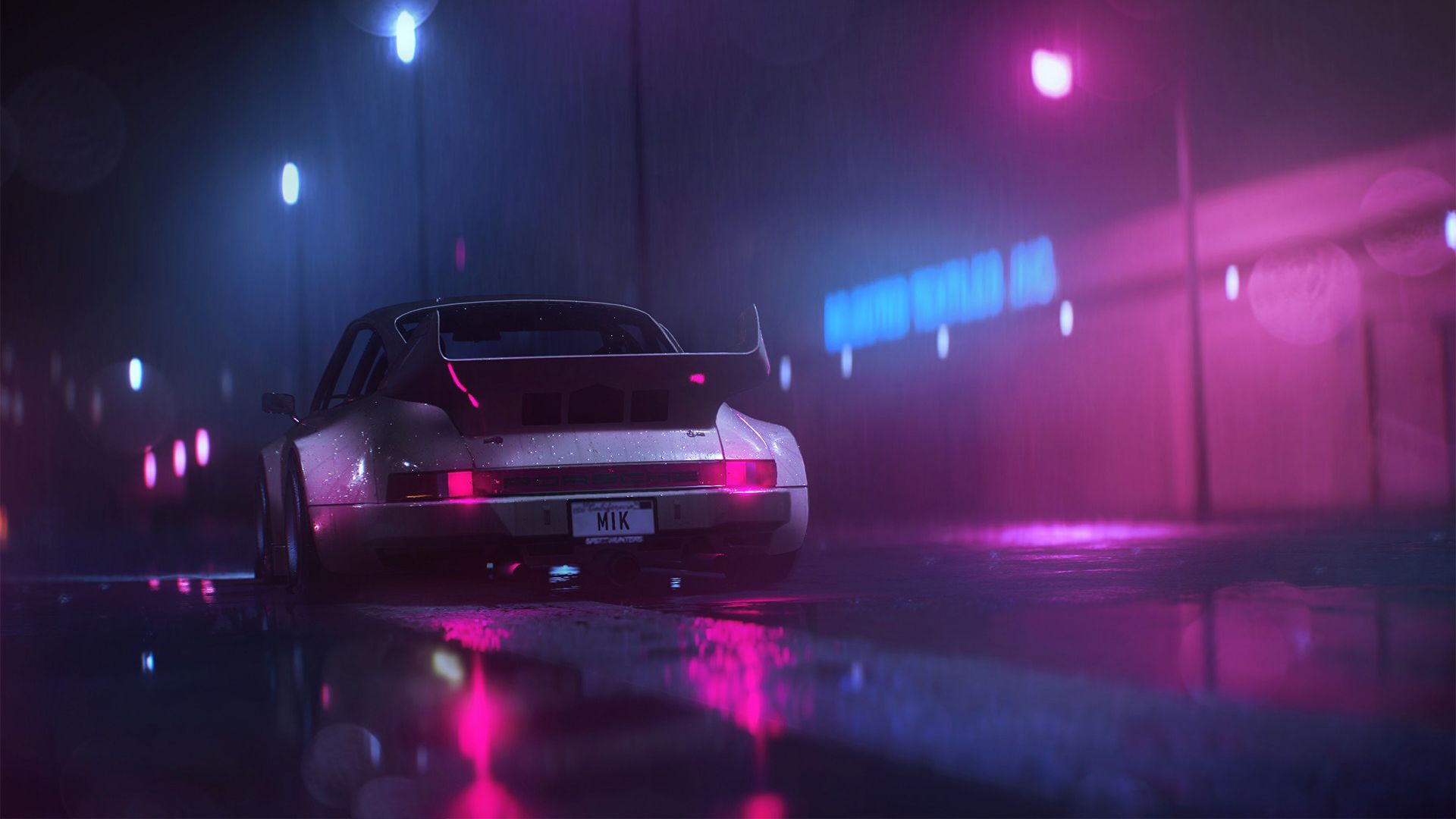Porsche 911, Porsche, Neonlicht, Nacht, Regen, Pinke Lichter, Full HD, Desktop-Hintergrund