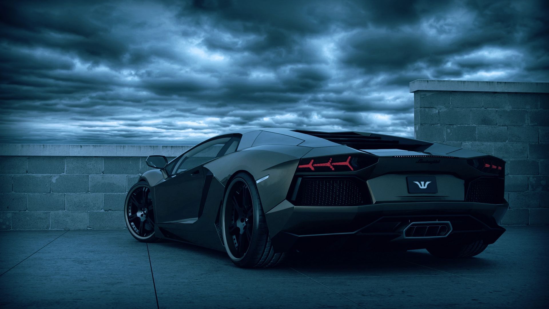 Lamborghini Aventador, Schwarzer Supersportwagen, Heckansicht, Gewitterwolken, Blaue Tönung, 1080p Wallpaper