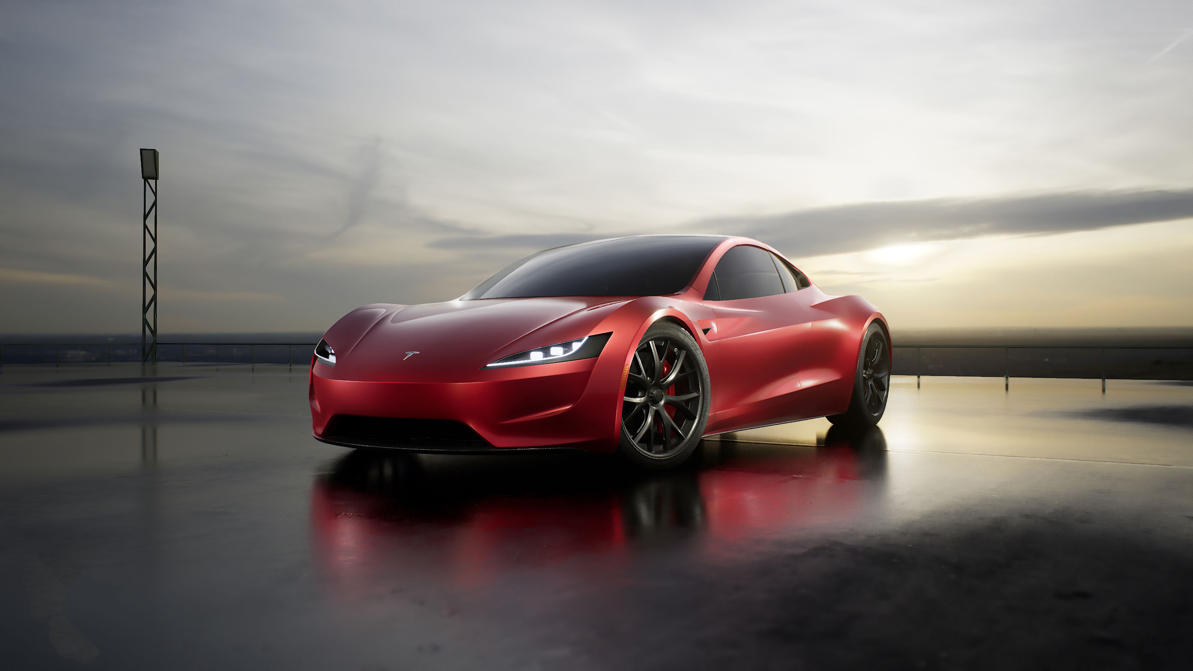 Tesla Roadster, Tesla, Roter Sportwagen, Spiegelung, Bewölkter Himmel, Dämmerung, 4K-Desktop-Hintergrund