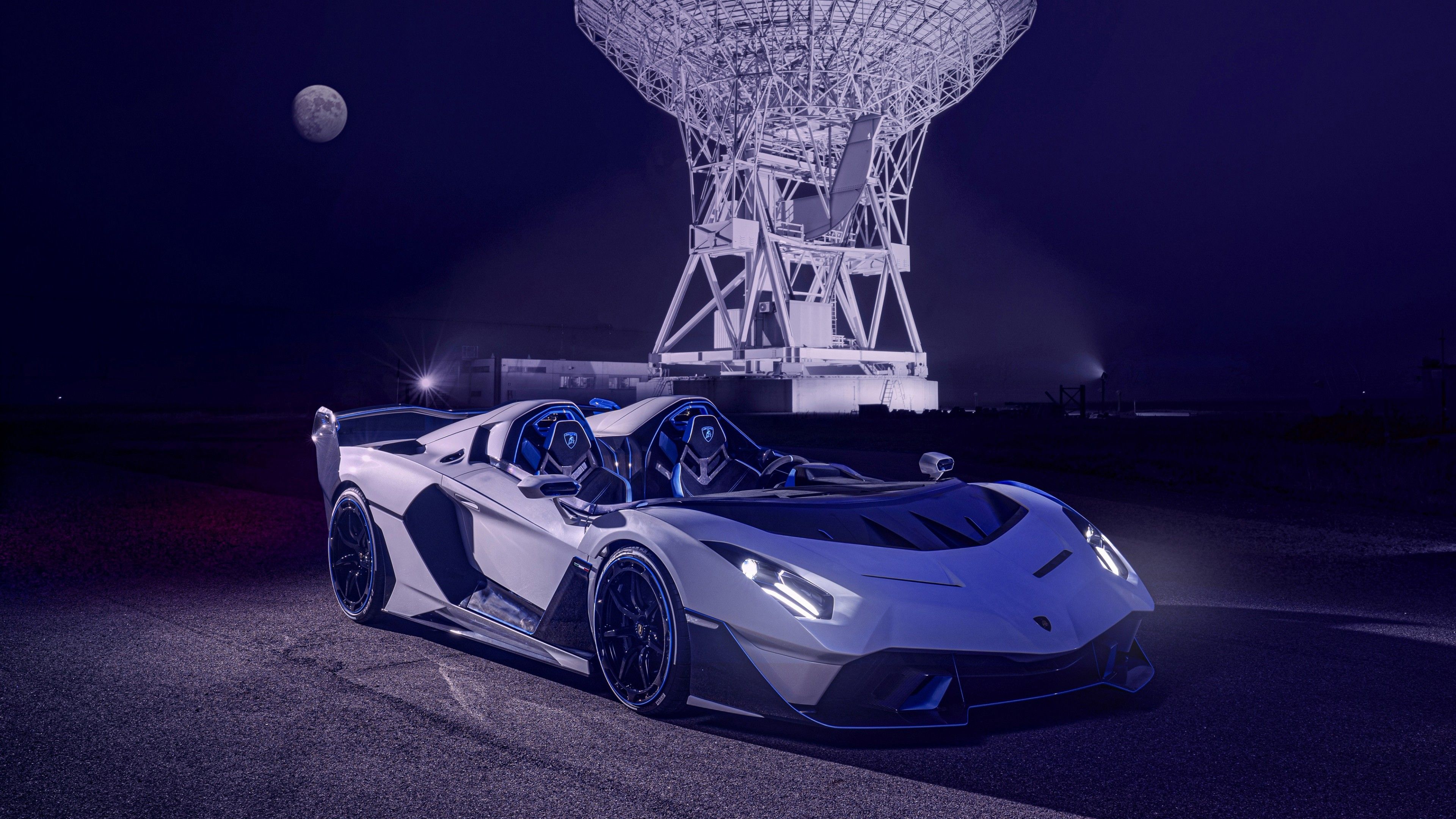 Lamborghini, Roadster, Radioteleskop, Nacht, Mond, Lila Licht, 4K, Breitbild-Hintergrundbild