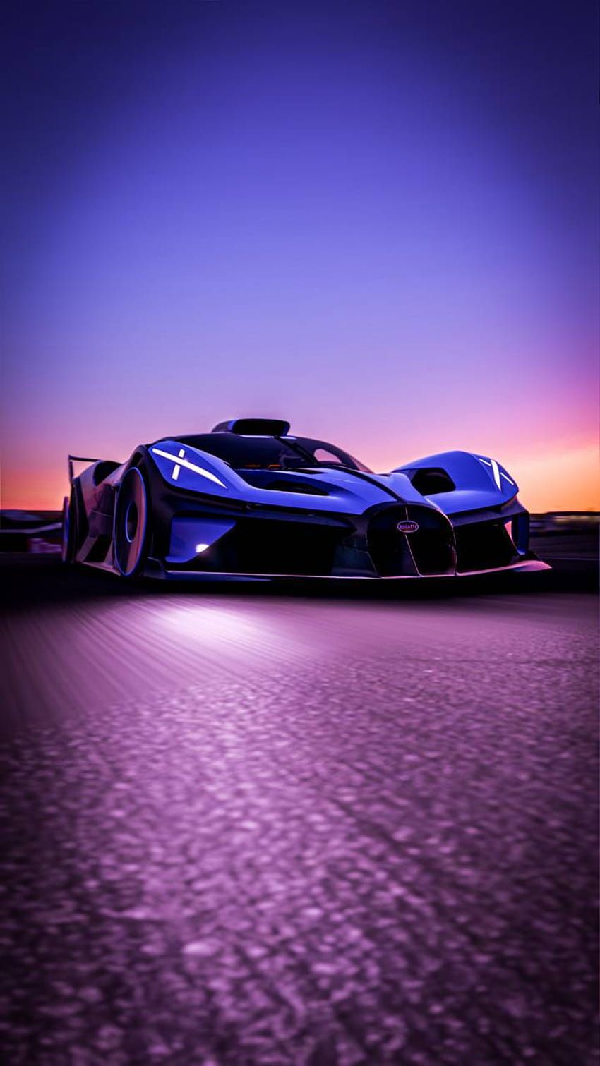 Bugatti Bolide, Rennwagen, Neonlicht, Lila Himmel, Futuristisch, HD, Handy-Hintergrundbild