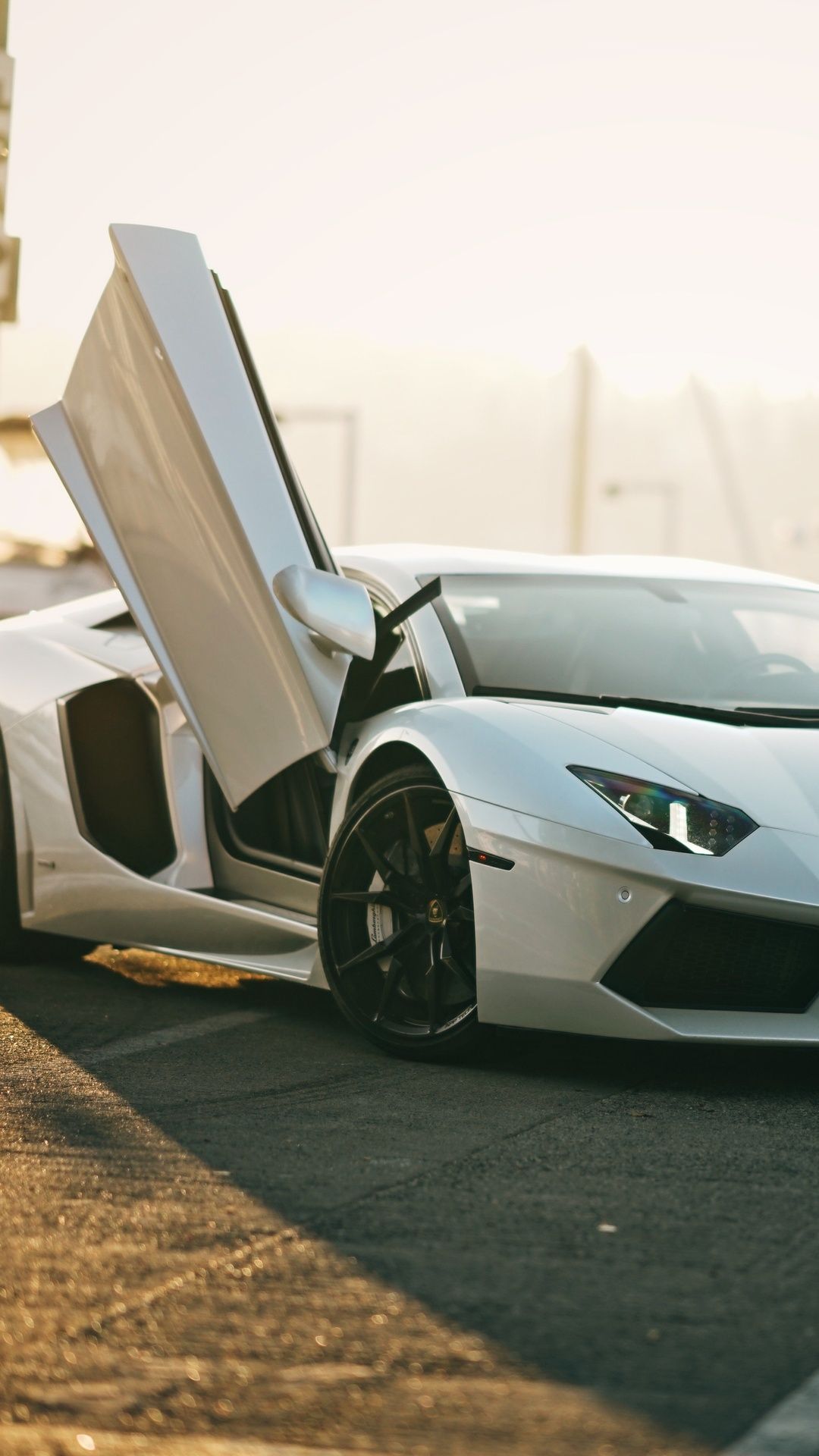 Lamborghini Aventador, Scherentüren, Weißer Supersportwagen, Sonnenlicht, Full HD, Handy-Hintergrundbild