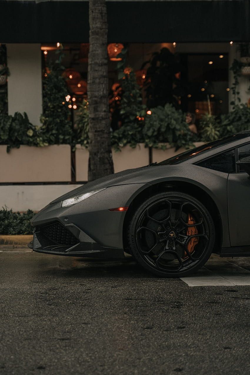 Lamborghini Huracán, Grauer Sportwagen, Nacht, Lichterketten, HD, Handy-Hintergrundbild