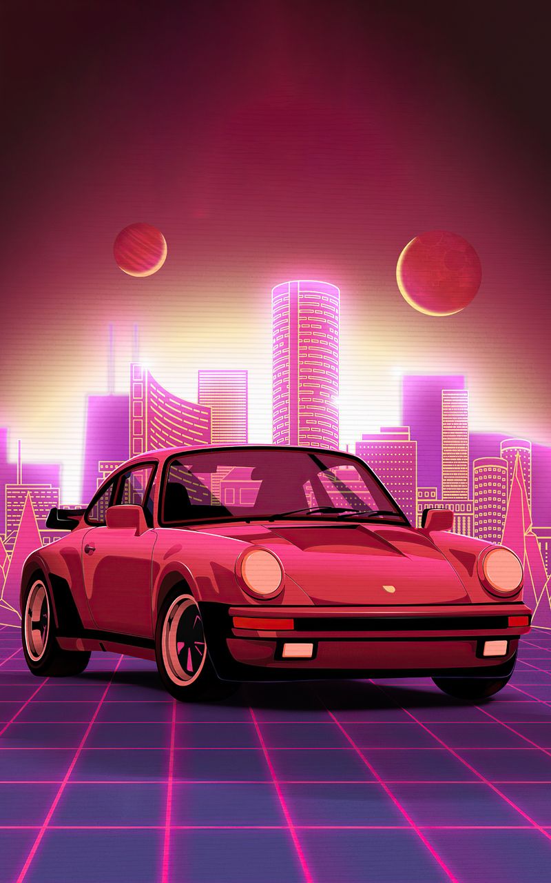 Porsche 911 Turbo, Porsche, Synthwave, Neon, Retro, Skyline, Pinker Himmel, Hintergrundbild fürs Handy