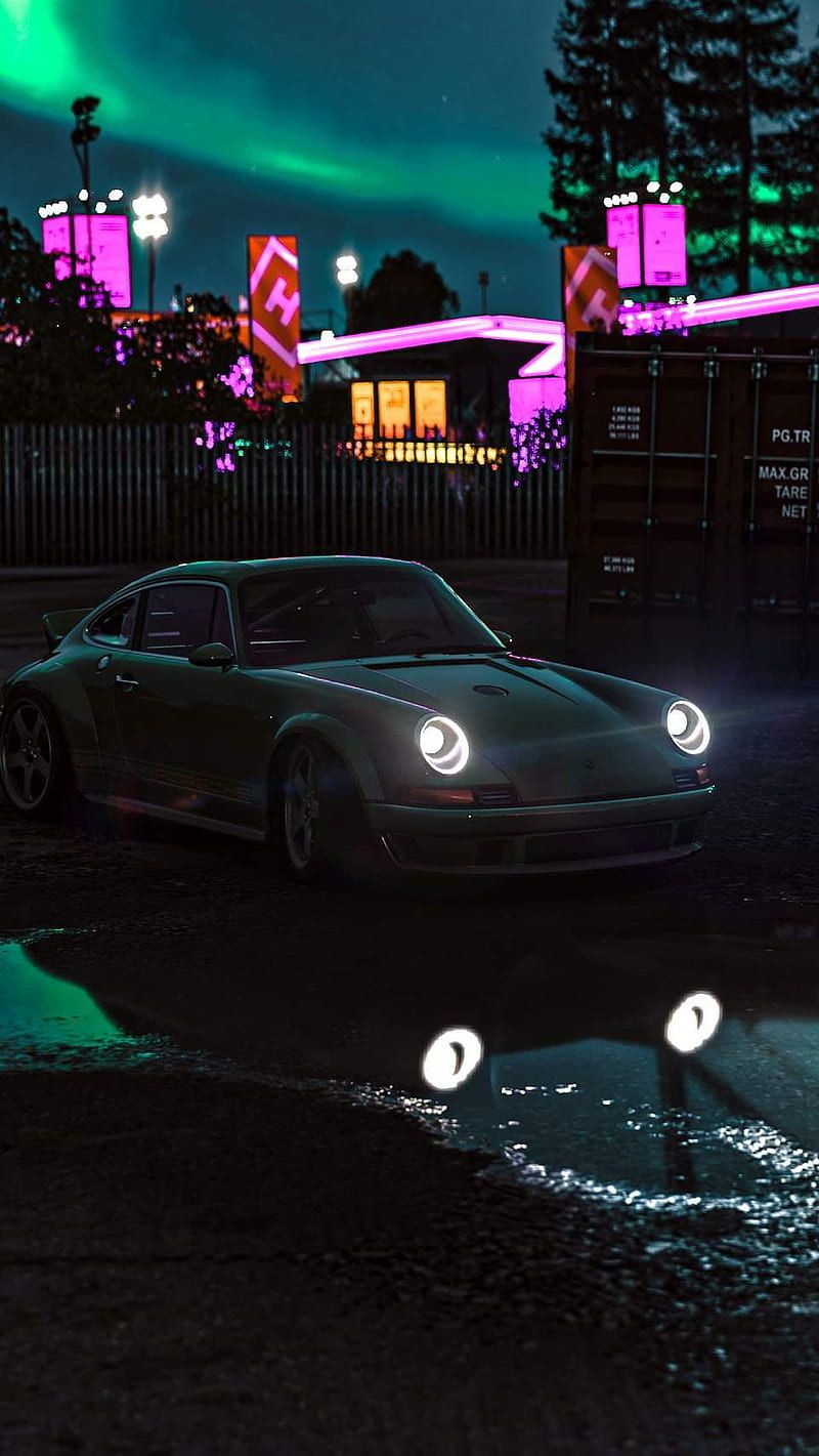 Porsche 911, Porsche, Nacht, Neonlicht, Grüner Himmel, Fluss, Android-Hintergrundbild