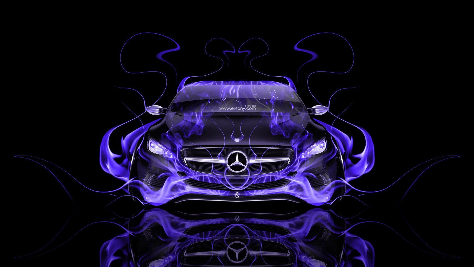 Mercedes-Benz, Lila Flammen, Digitale Kunst, Spiegelung, Schwarzer Hintergrund, 1080p Wallpaper