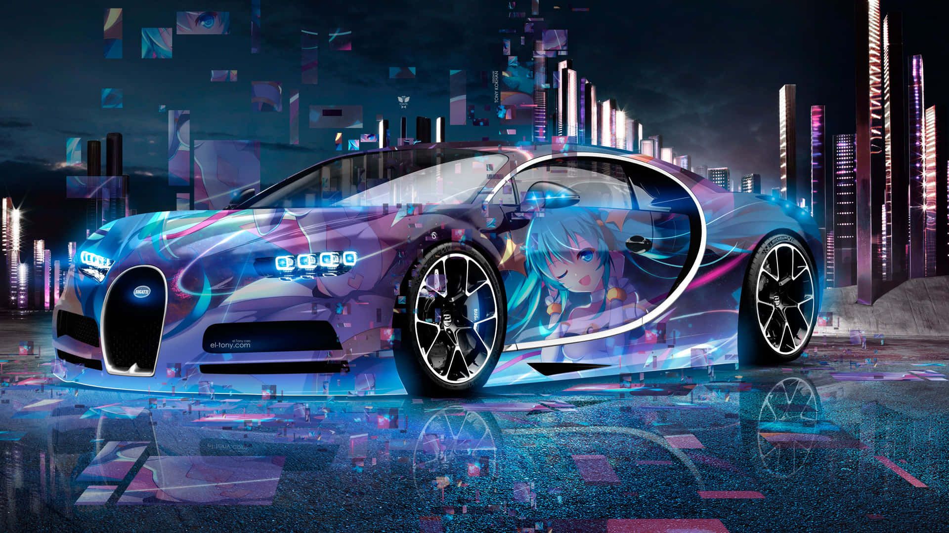 Bugatti Chiron, Anime-Mädchen, Digitale Kunst, Neonfarben, Stadt, 1920x1080, Desktop-Hintergrund