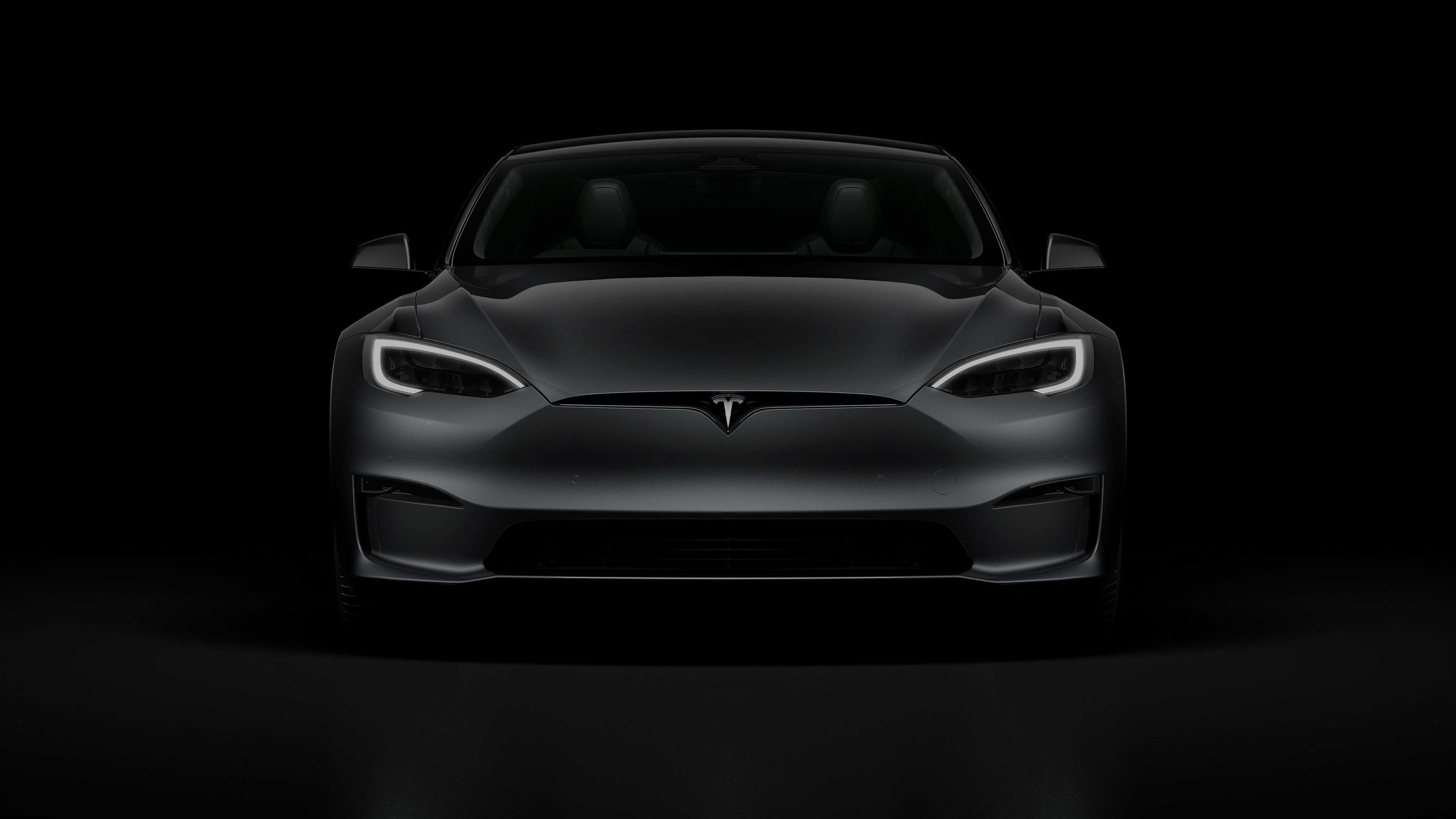Tesla Model S, Tesla, Frontansicht, Schwarzer Hintergrund, Studio, Graue Limousine, 2160p Wallpaper