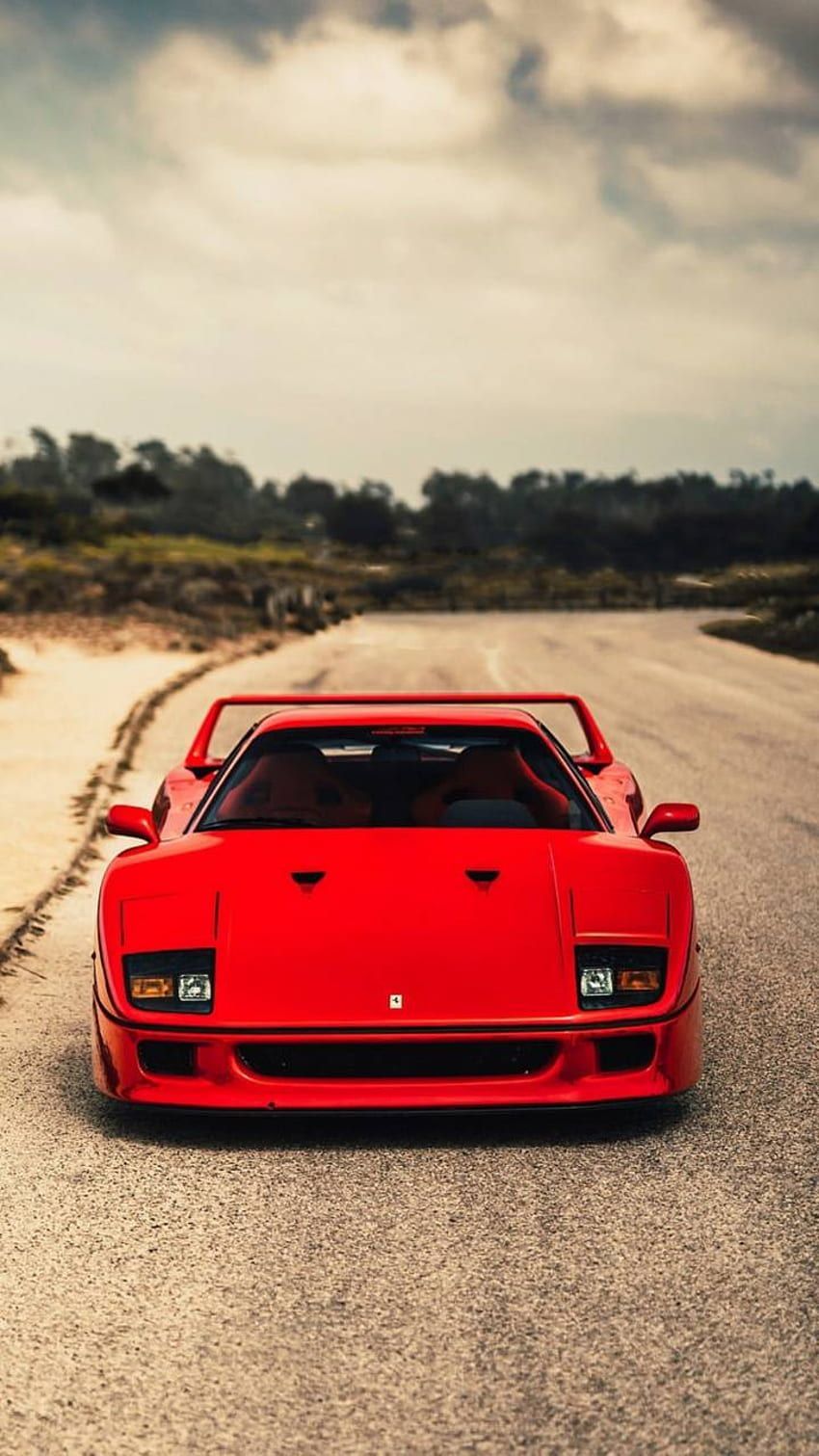 Ferrari F40, Frontansicht, Landstraße, Wolken, Hintergrundbild für iPhone und Android