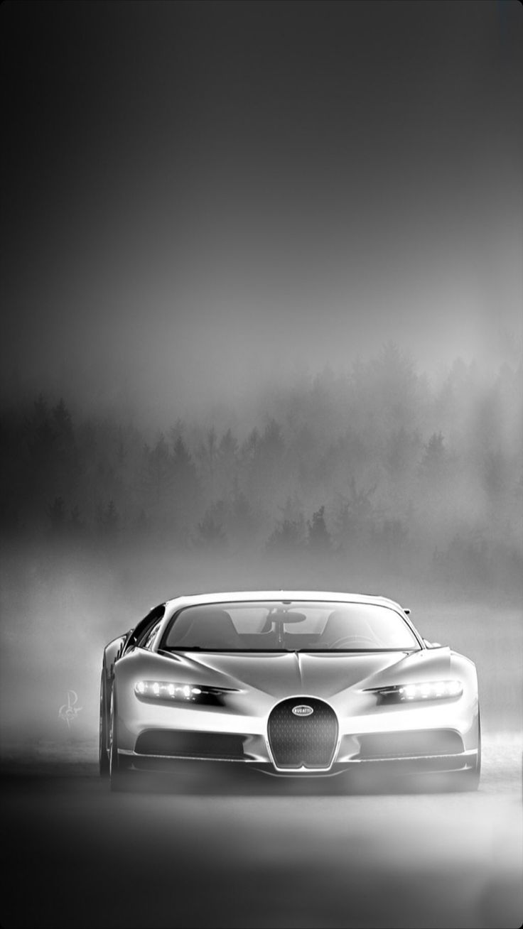 Bugatti Chiron, Nebel, Schwarzweiß, Frontansicht, Scheinwerfer, HD, iPhone-Hintergrundbild