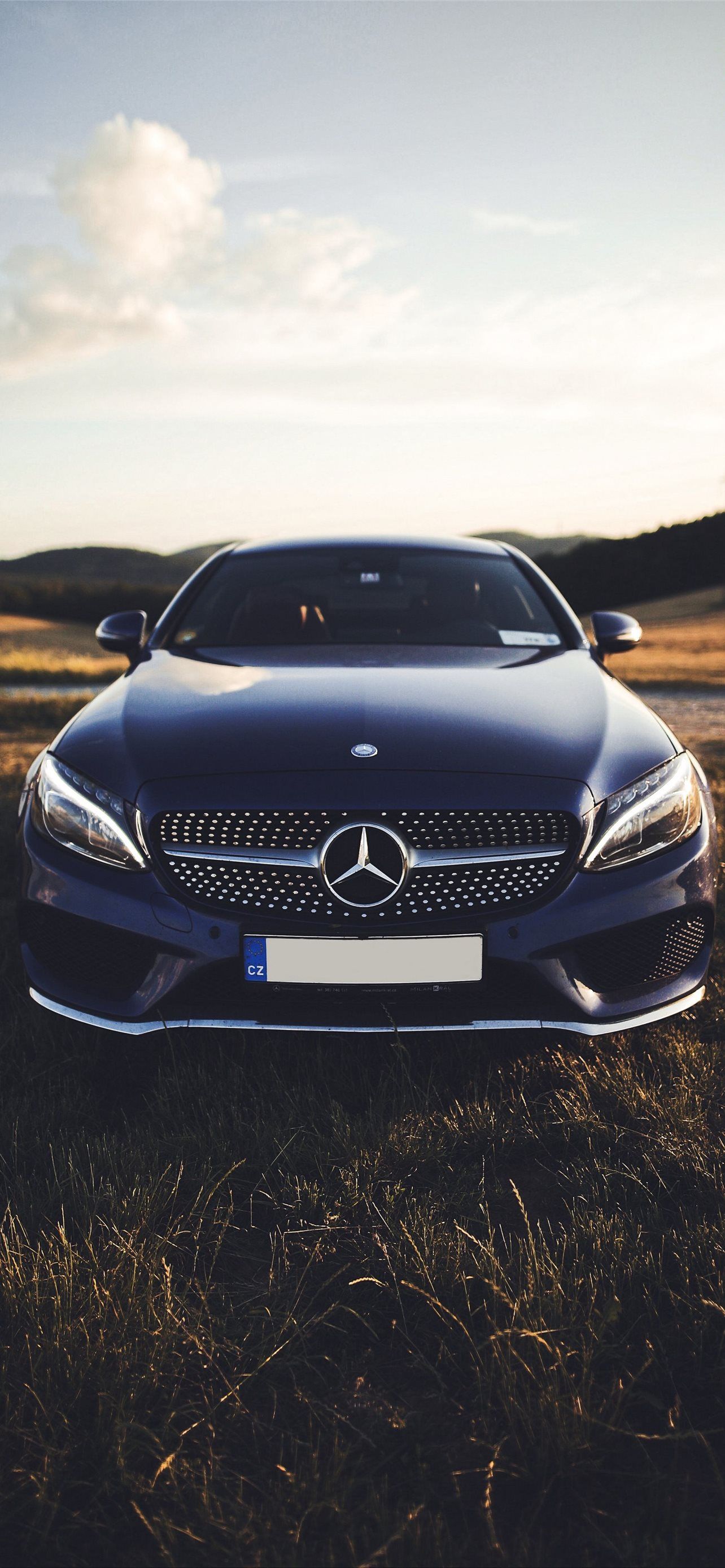 Mercedes-Benz C-Klasse, Front, Gras, Abendlicht, Full HD, Handy-Hintergrund im Hochformat