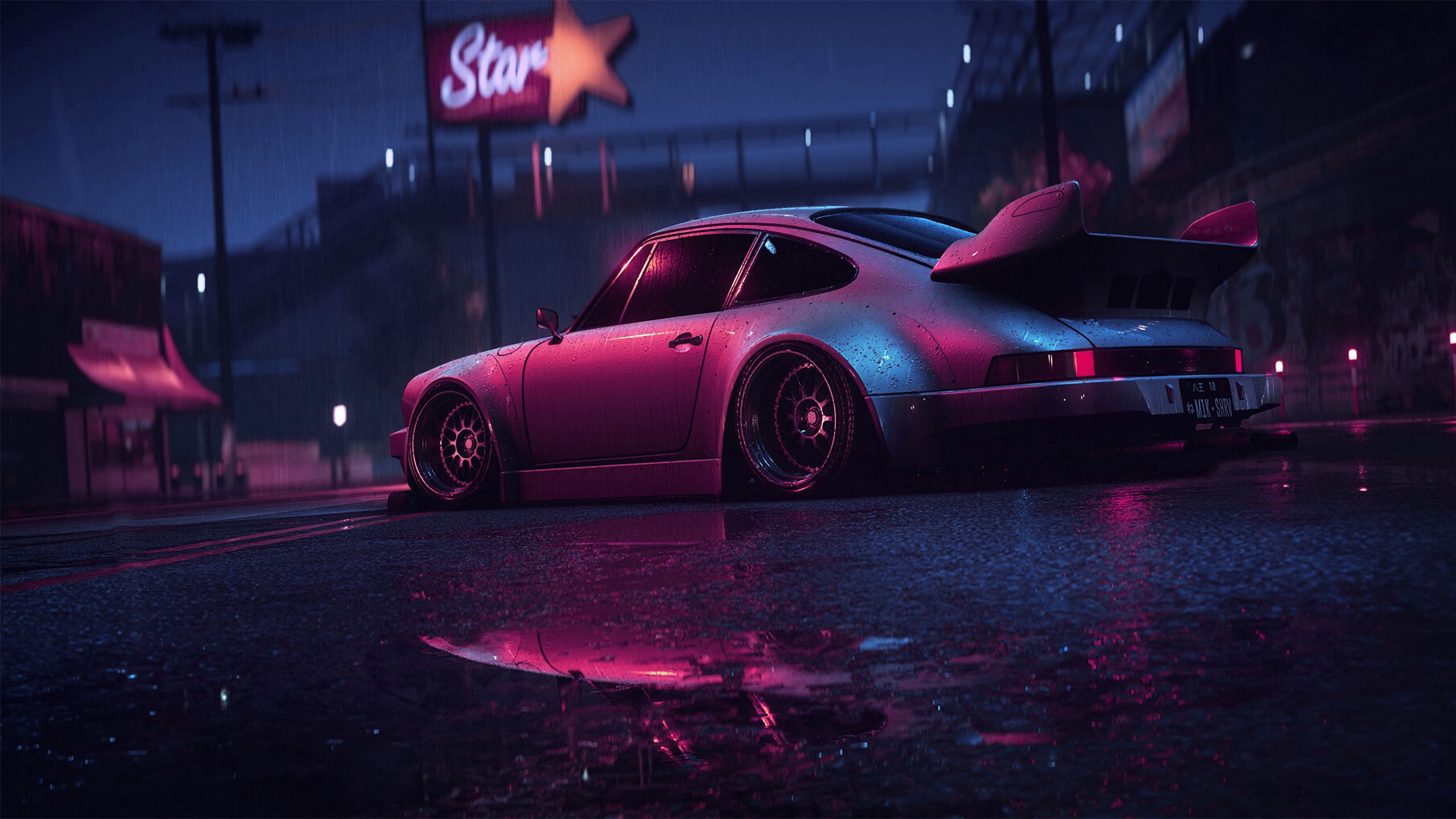 Porsche 911, Porsche, Neonschild, Nacht, Regen, Pinkes Licht, Tuning, 4K, Breitbild-Hintergrundbild