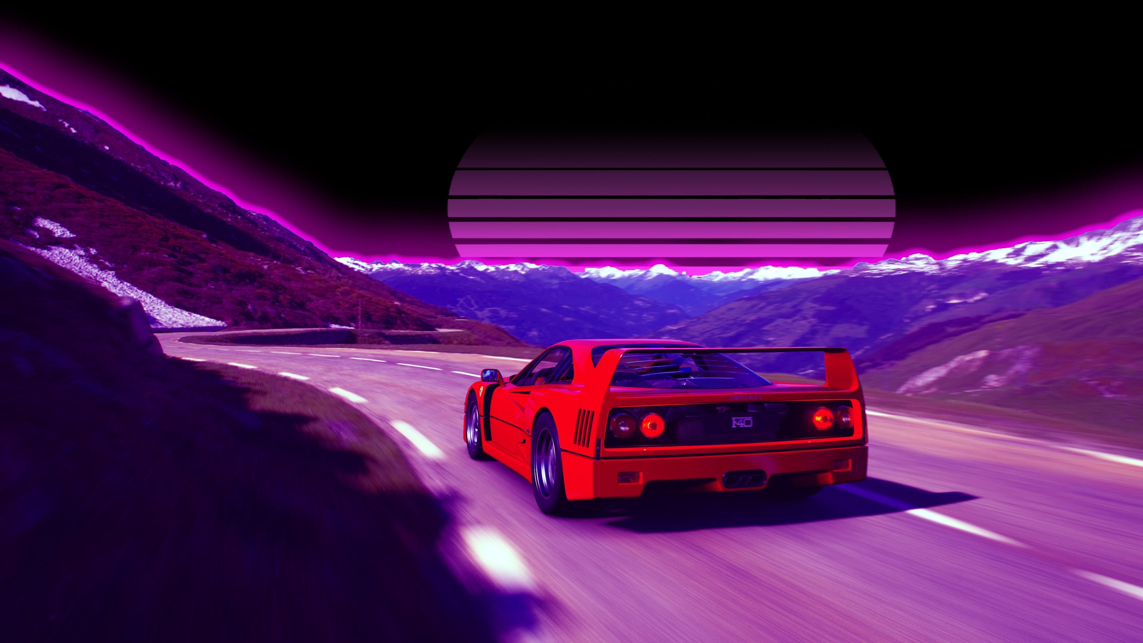 Ferrari F40, Synthwave, Neonfarben, Retro-Sonne, Berge, 4K 2160p, Desktop-Hintergrundbild