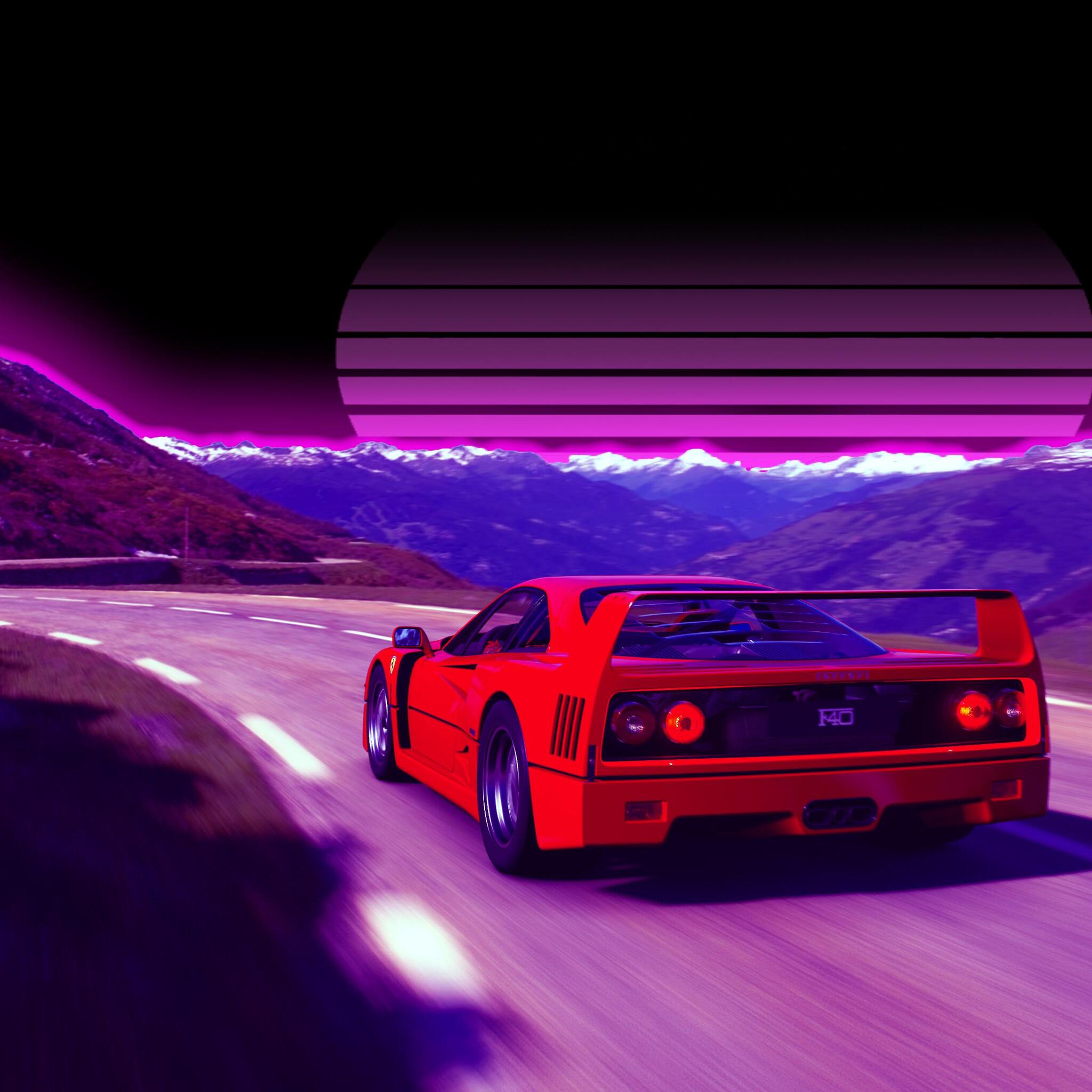 Ferrari F40, Synthwave, Lila, Retro-Sonne, Kurve, Full HD, iPad-Hintergrundbild