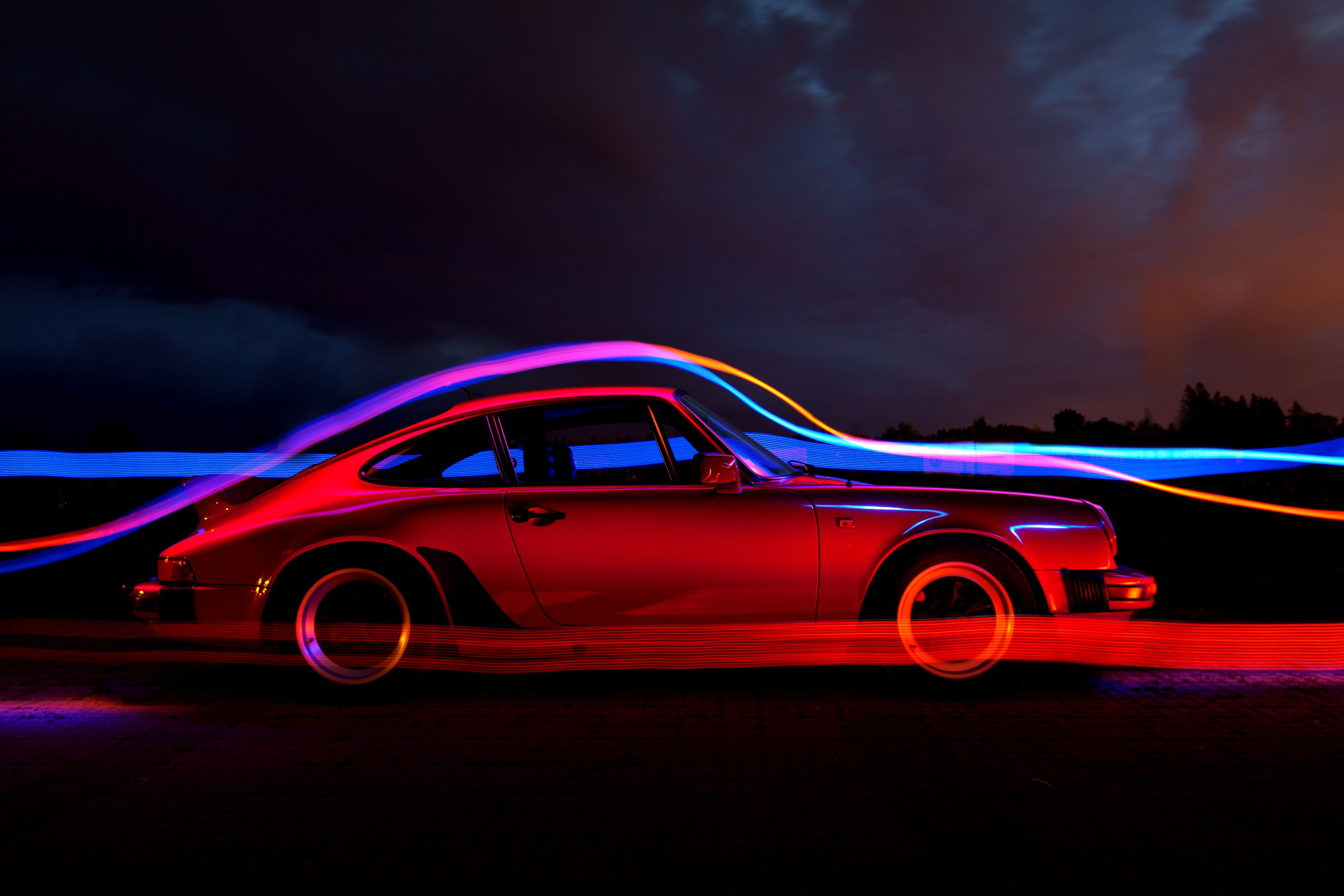 Porsche 911, Porsche, Lichtmalerei, Neonlinien, Nacht, Seitenansicht, 4K, PC-Hintergrundbild
