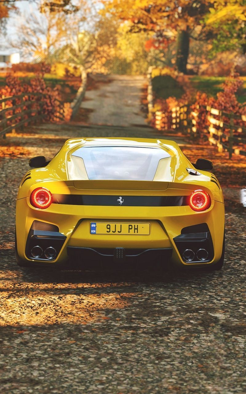 Ferrari, Gelber Sportwagen, Heckansicht, Herbst, HD, Handy-Hintergrund im Hochformat