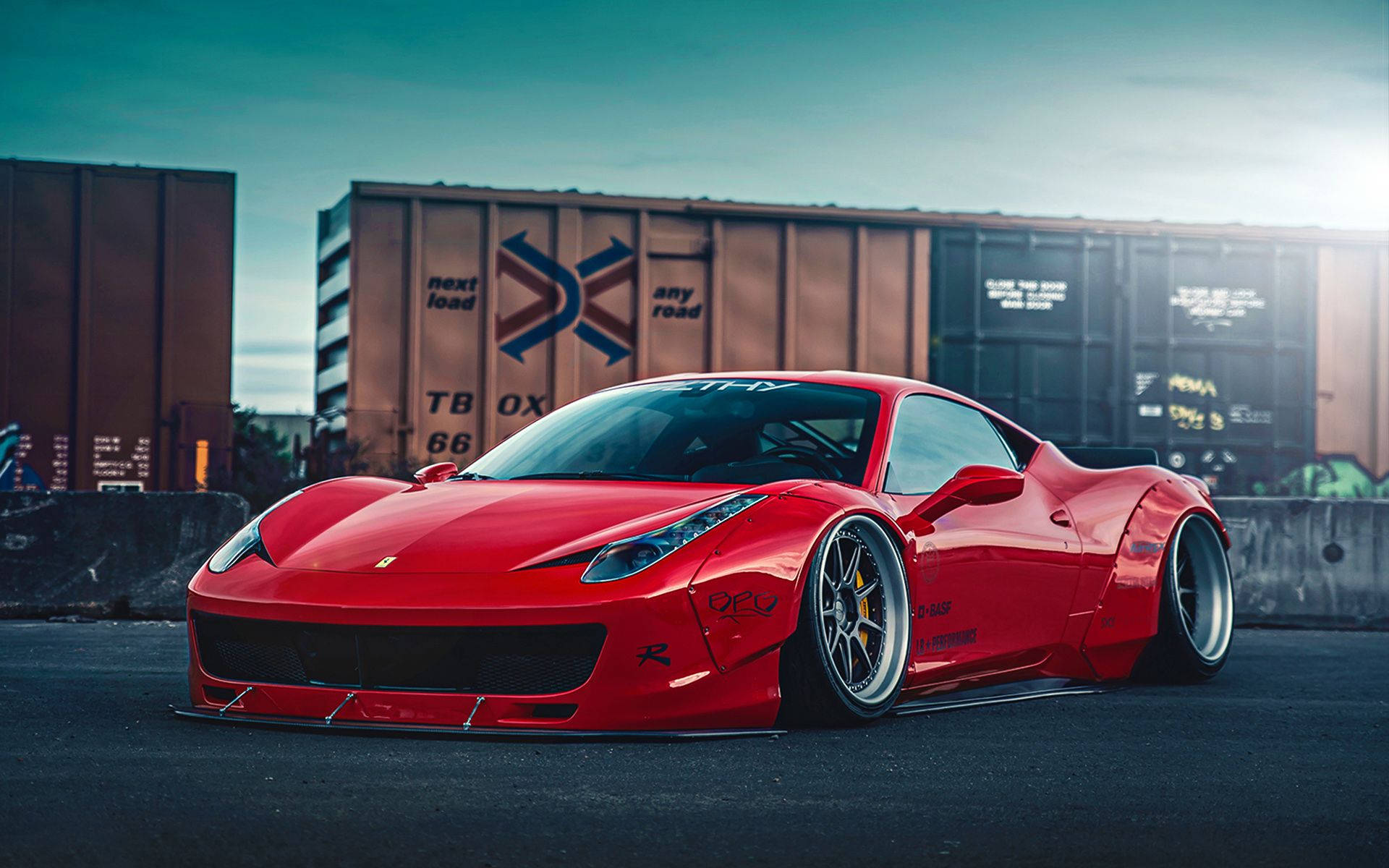Ferrari 458 Italia, Liberty Walk, Breitbau, Güterwaggon, Rot, Full HD, MacBook-Hintergrundbild