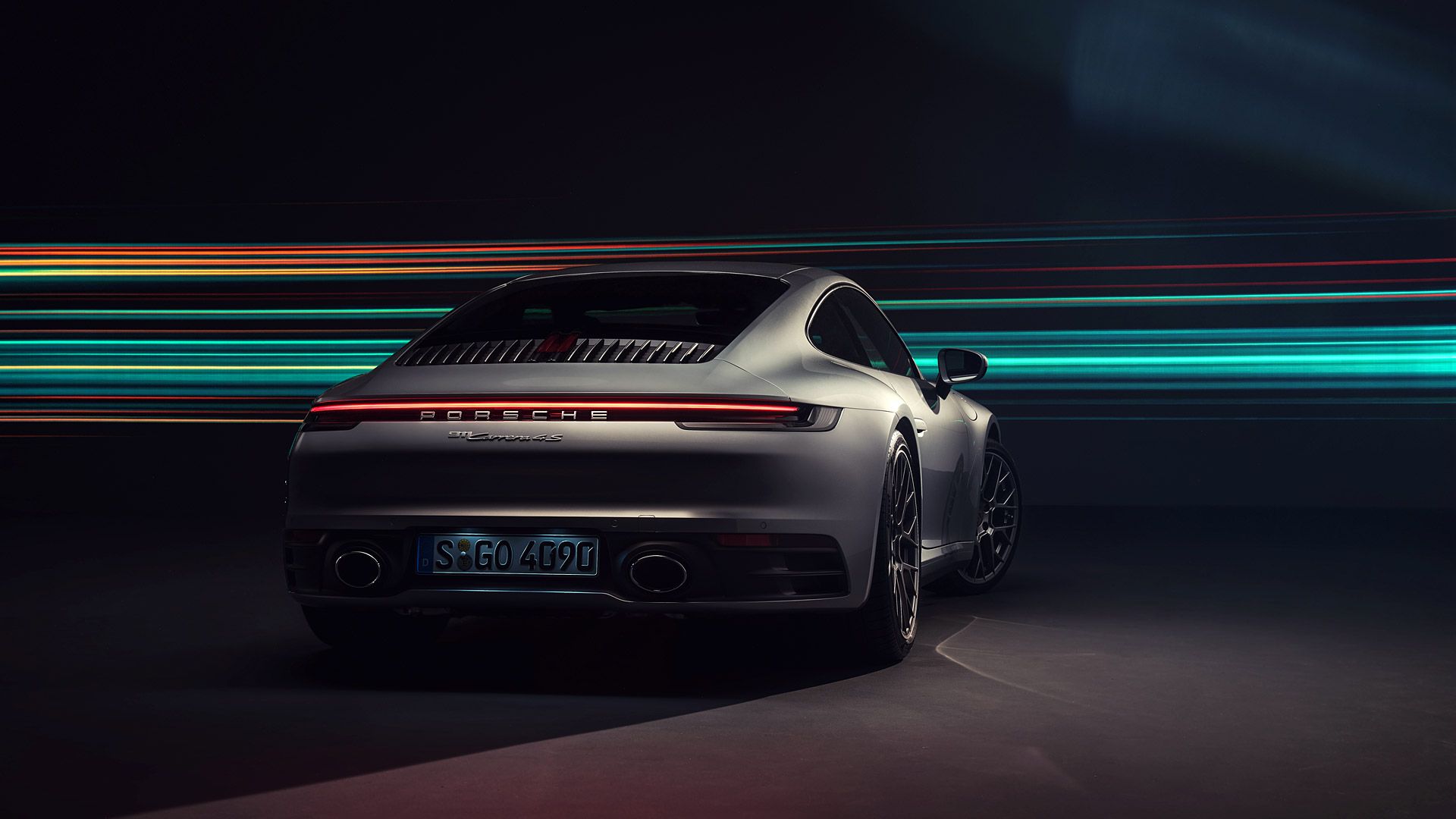 Porsche 911 Carrera, Porsche, Lichtspuren, Studio, Silberner Sportwagen, Heckansicht, Full-HD-Hintergrundbild