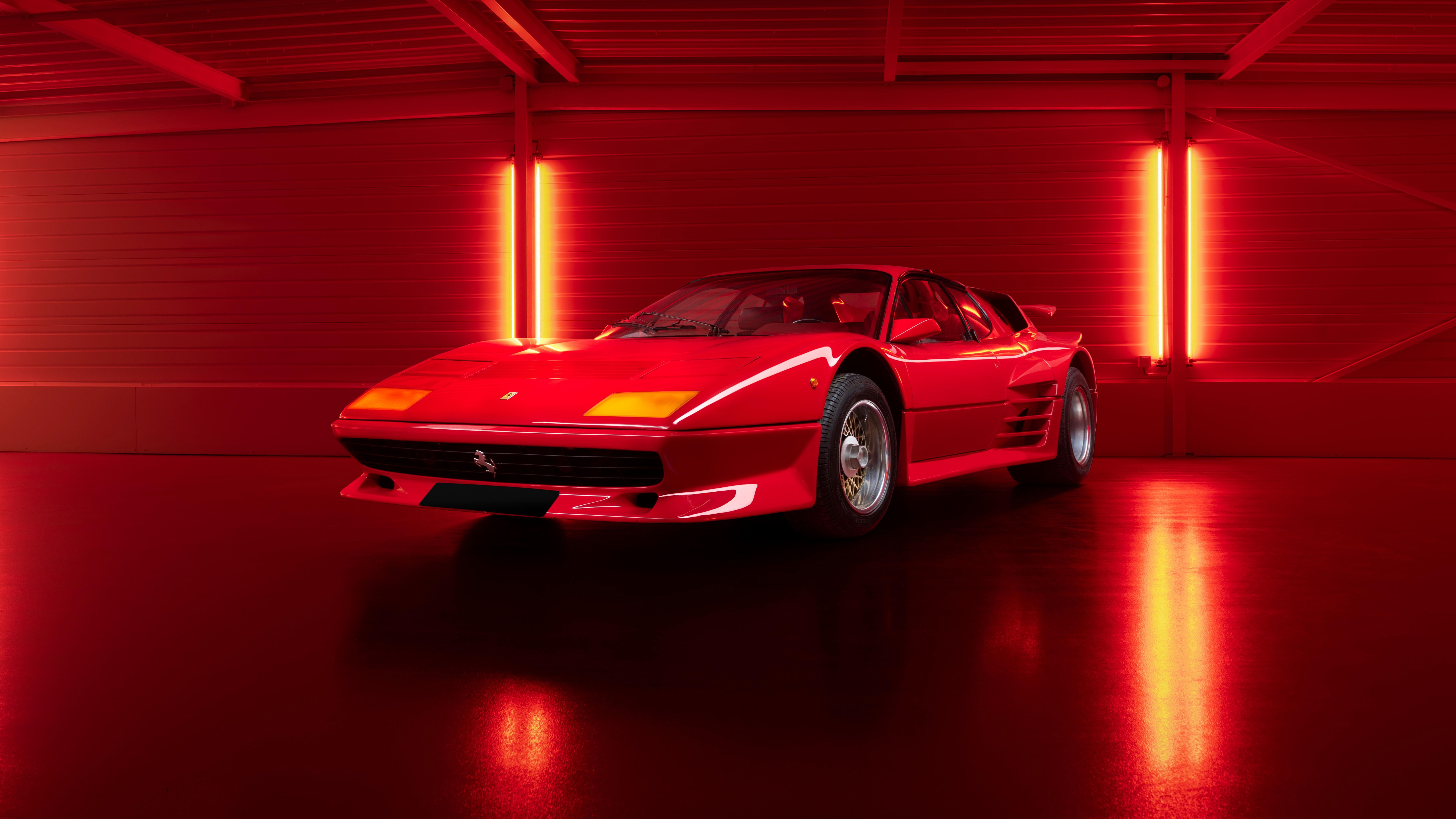 Ferrari Testarossa, Rotes Neonlicht, Studio, Spiegelung, 8K-Hintergrundbild für PC