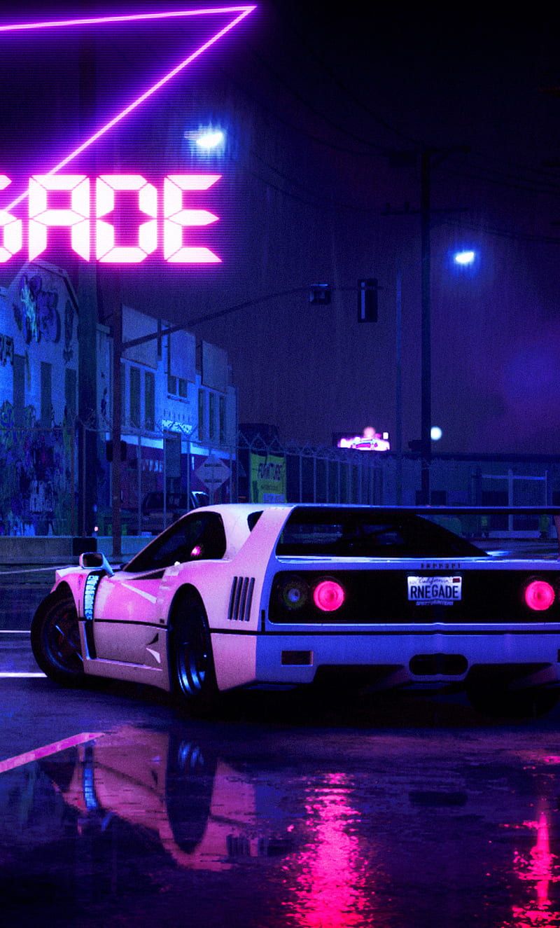 Ferrari Testarossa, Weißer Sportwagen, Neonschild, Nacht, Synthwave, HD, Handy-Hintergrundbild