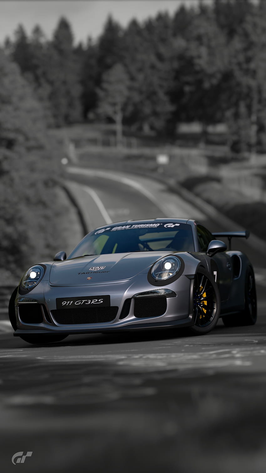 Porsche 911 GT3 RS, Porsche, Schwarzweiß, Bergstraße, Wald, HD, Handy-Hintergrundbild