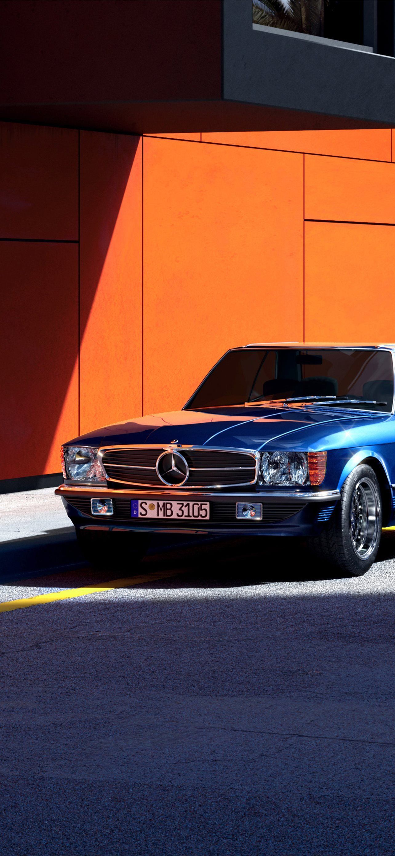 Mercedes-Benz SL, Oldtimer, Blau, Orange Wand, Full HD, Handy-Hintergrund im Hochformat