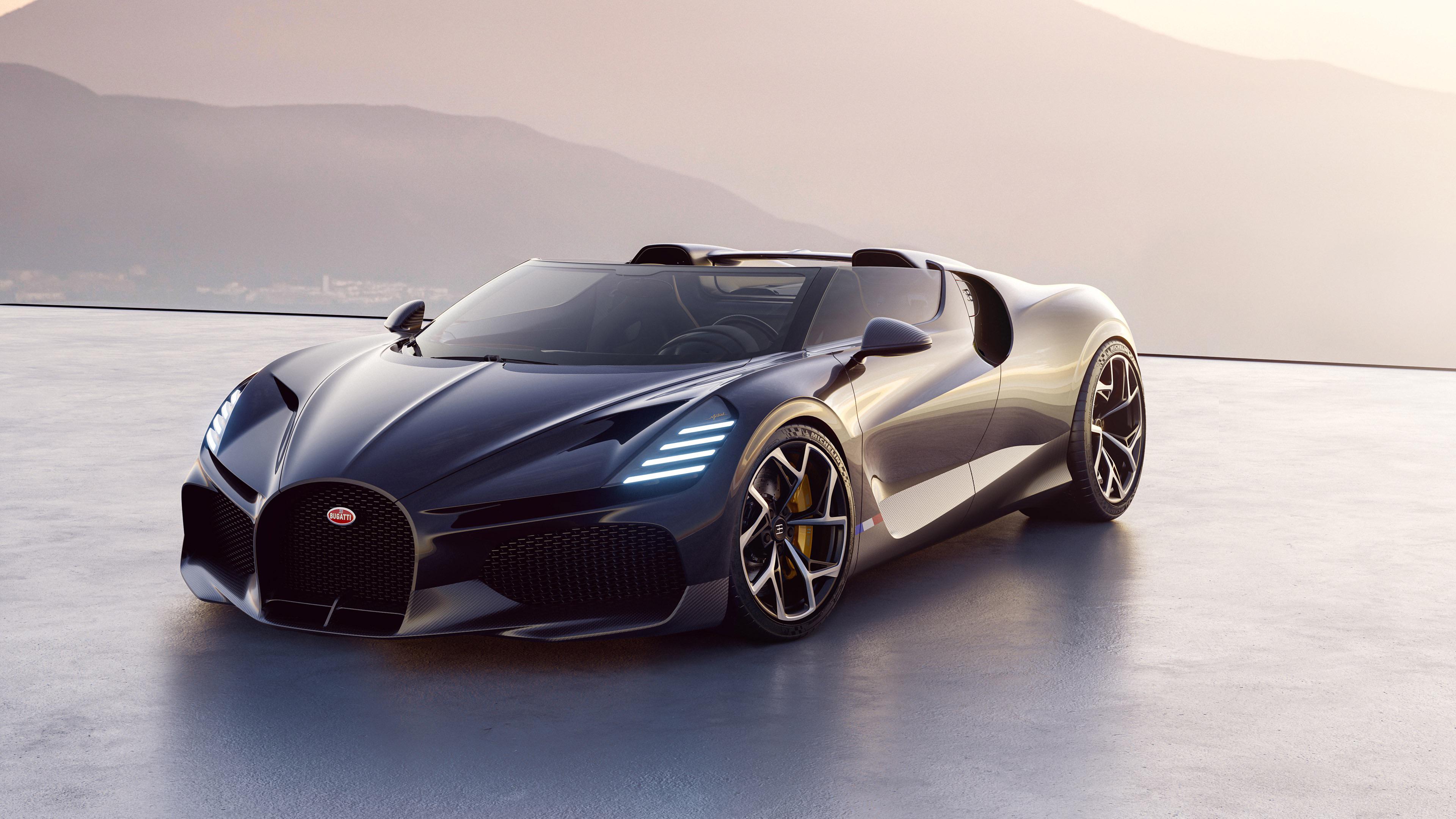 Bugatti W16 Mistral, Roadster, Hypercar, Küste, Dunstiger Himmel, 3840x2160, PC-Hintergrundbild