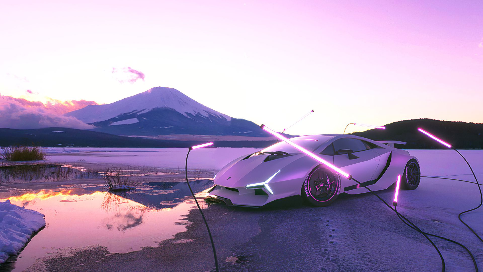 Lamborghini, Konzeptauto, Fuji, Neonlicht, Lila Himmel, Futuristisch, 1920x1080, Desktop-Hintergrund