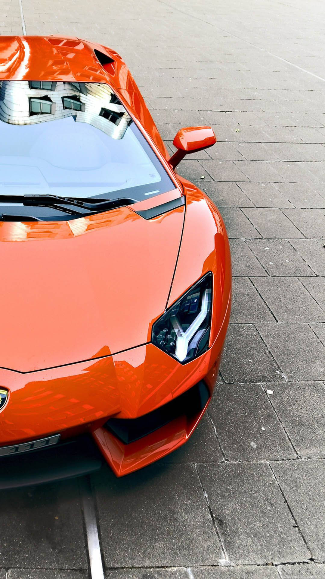 Lamborghini Aventador, Oranger Supersportwagen, Draufsicht, Kopfsteinpflaster, Full-HD-Handy-Hintergrundbild