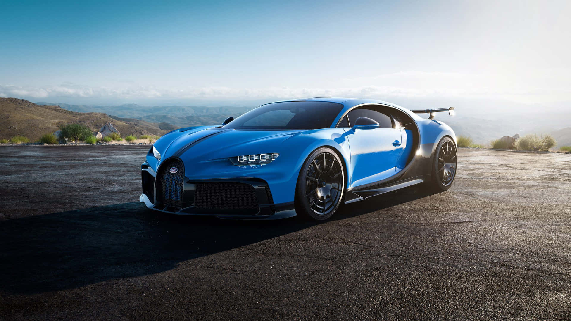 Bugatti Chiron Pur Sport, Blaues Auto, Heckflügel, Sonnenlicht, Hypercar, Full HD, Laptop-Hintergrundbild