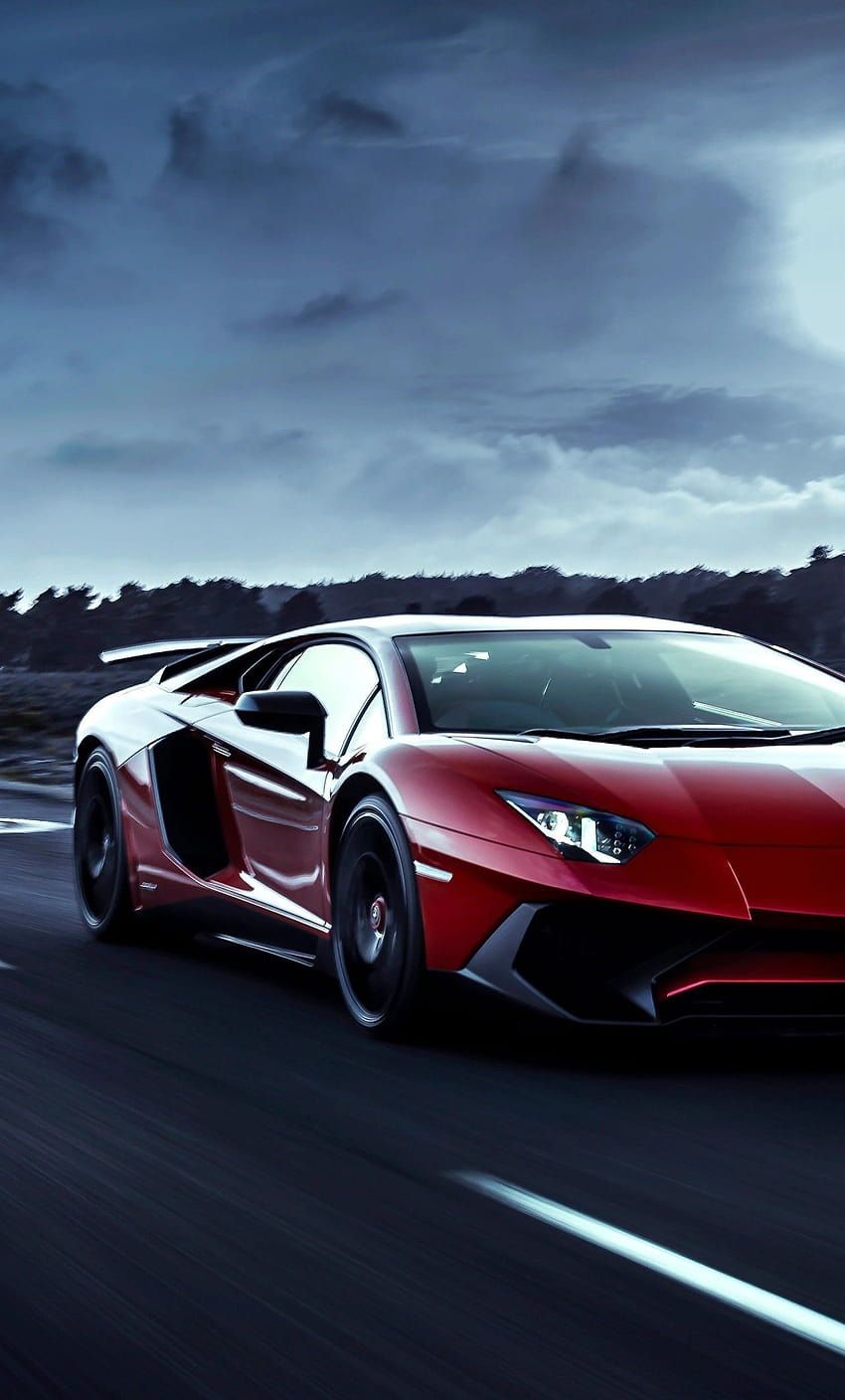 Lamborghini Aventador S, Roter Supersportwagen, Straße, Bewölkt, Hintergrundbild fürs Handy