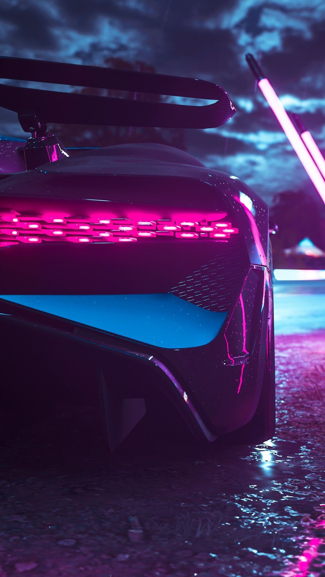 Bugatti, Neonlicht, Heckpartie, Synthwave, Pink-blaue Töne, 1080x1920, Handy-Hintergrund