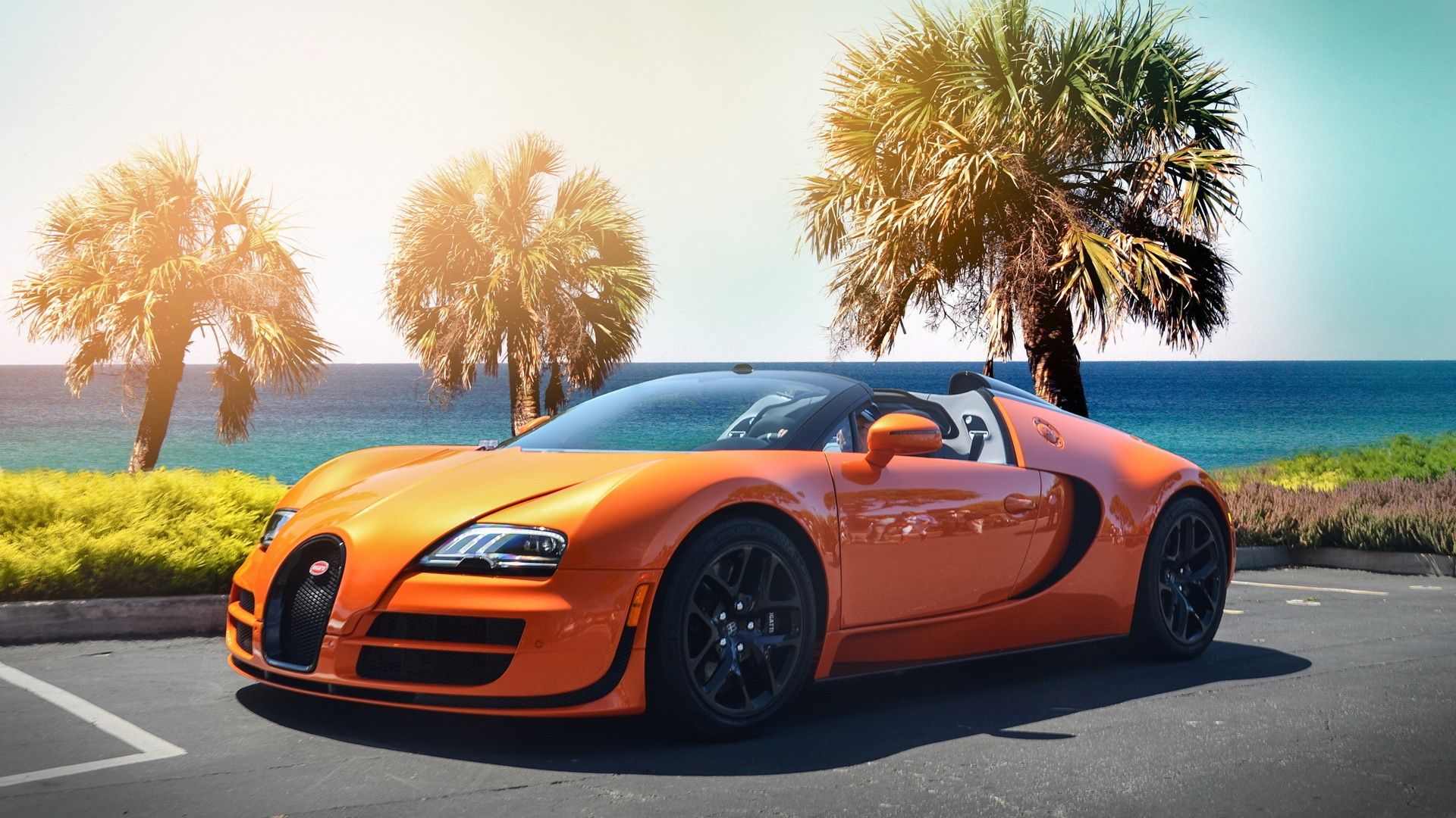 Bugatti Veyron Grand Sport Vitesse, Orangefarbenes Auto, Palmen, Meer, Roadster, 1080p-Hintergrundbild