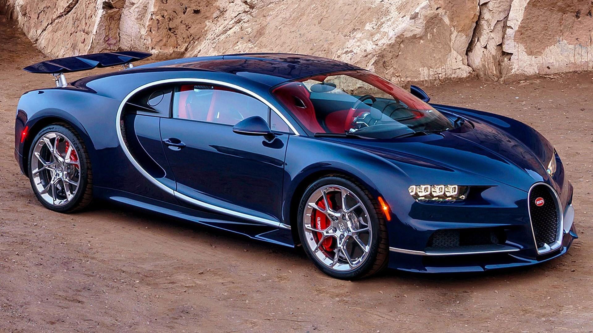 Bugatti Chiron Pur Sport, Blaues Auto, Heckflügel, Felsen, Hypercar, Full HD, PC-Hintergrundbild