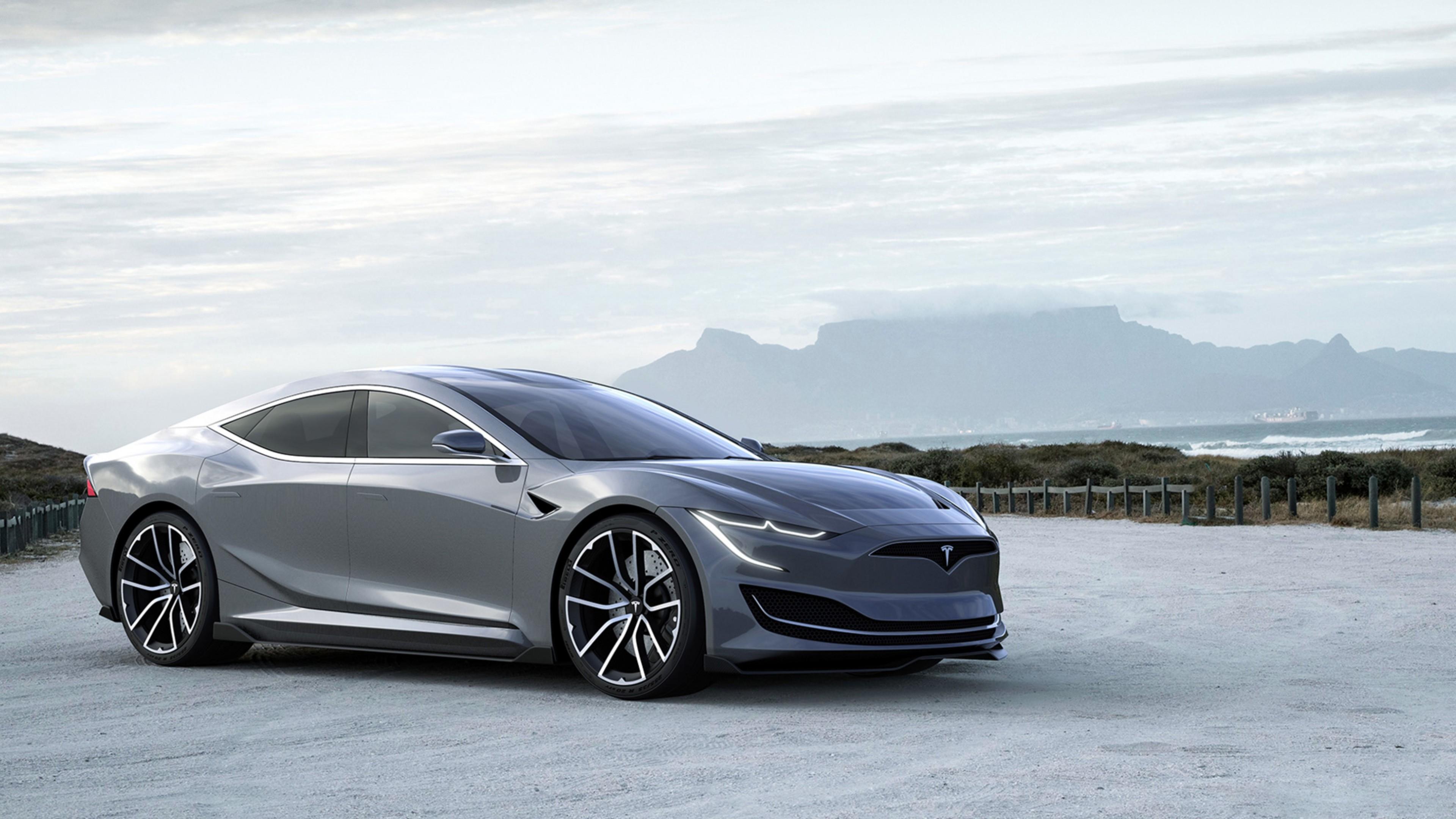 Tesla Model S, Tesla, Silberne Limousine, Berge, Küste, 4K, Hintergrundbild für den PC