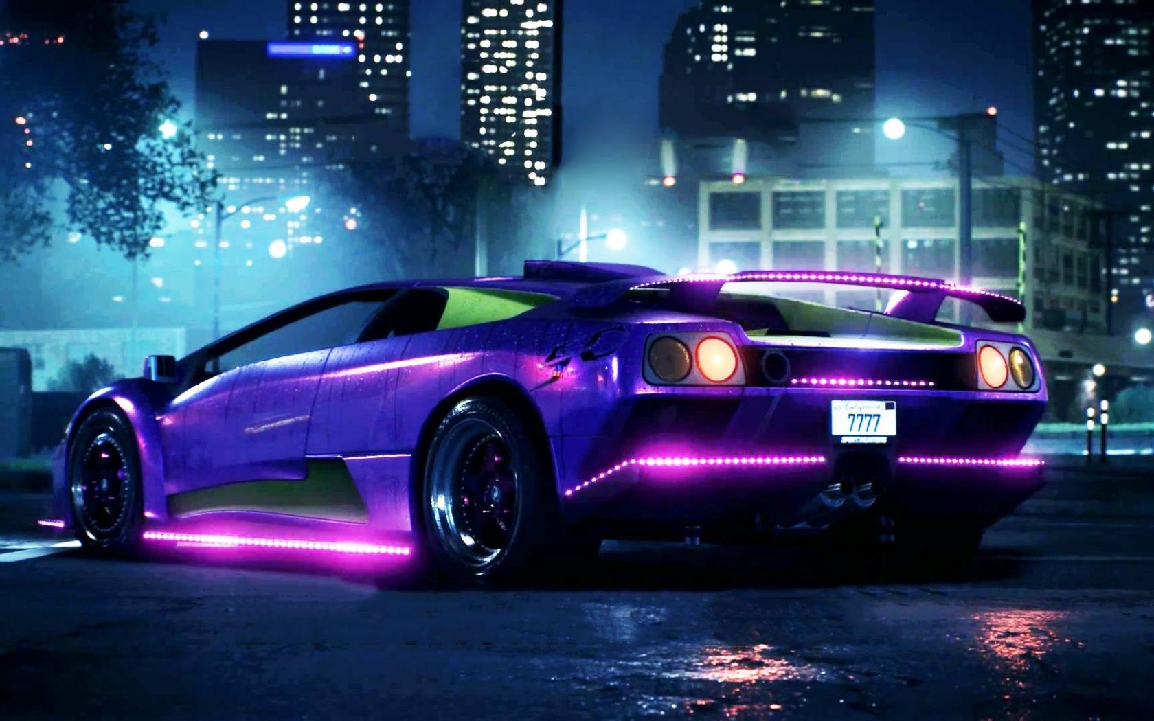 Lamborghini Diablo, Lila Sportwagen, Neonlicht, Nacht, Großstadt, Unterbodenbeleuchtung, HD-PC-Hintergrundbild