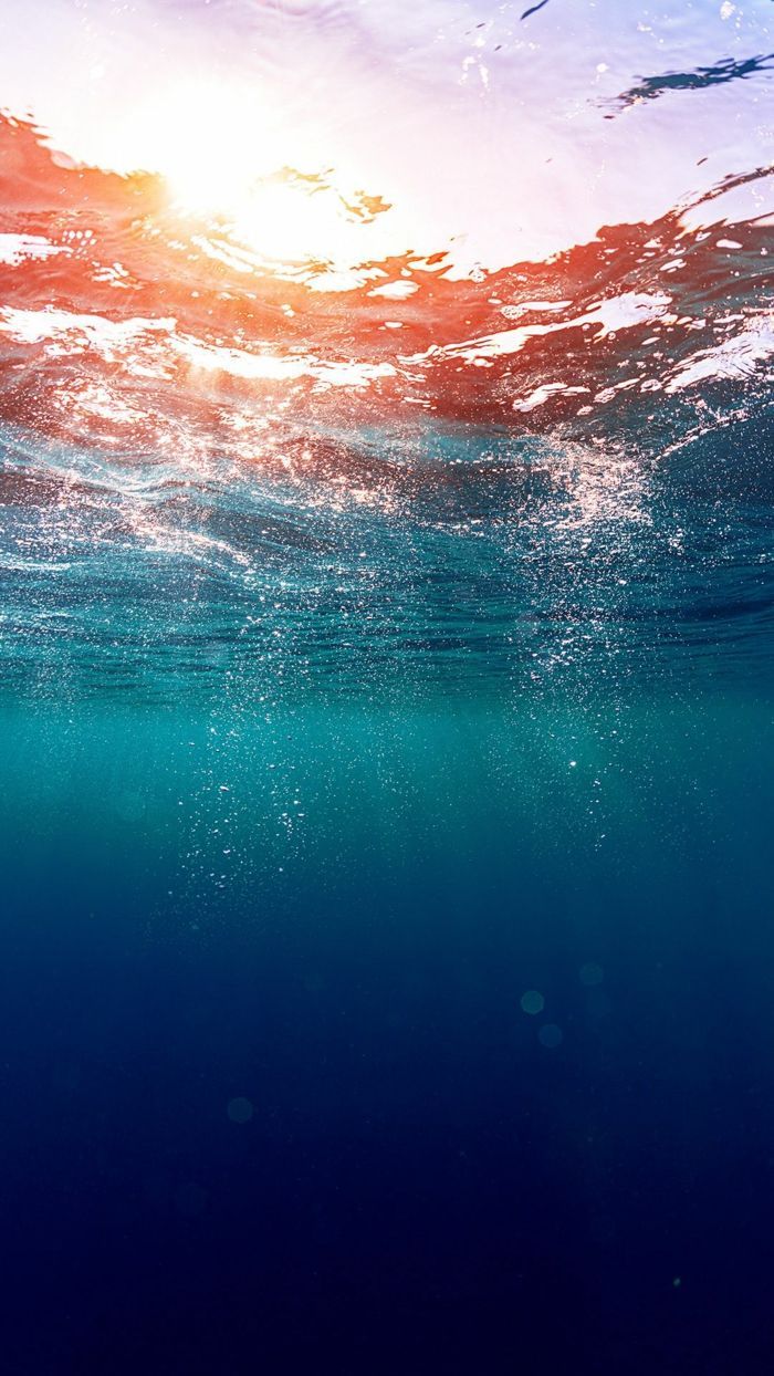 Unterwasser, Wasseroberfläche, Meer, Sonnenlicht, Blau, Hochformat, Hintergrundbild fürs Smartphone