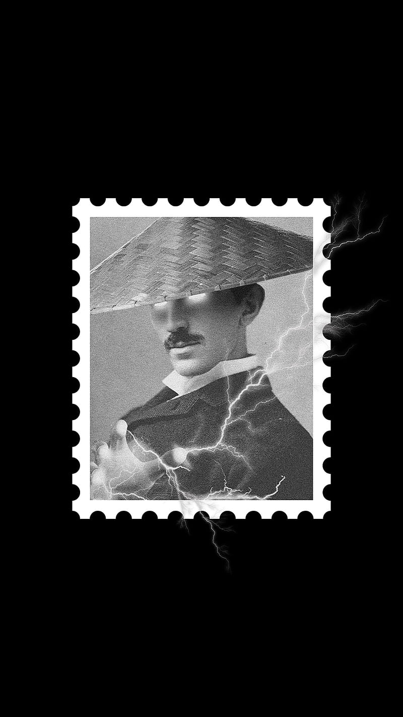 Nikola Tesla, Briefmarke, Porträt, Schwarzweiß, Schwarzer Hintergrund, Sperrbildschirm fürs iPhone