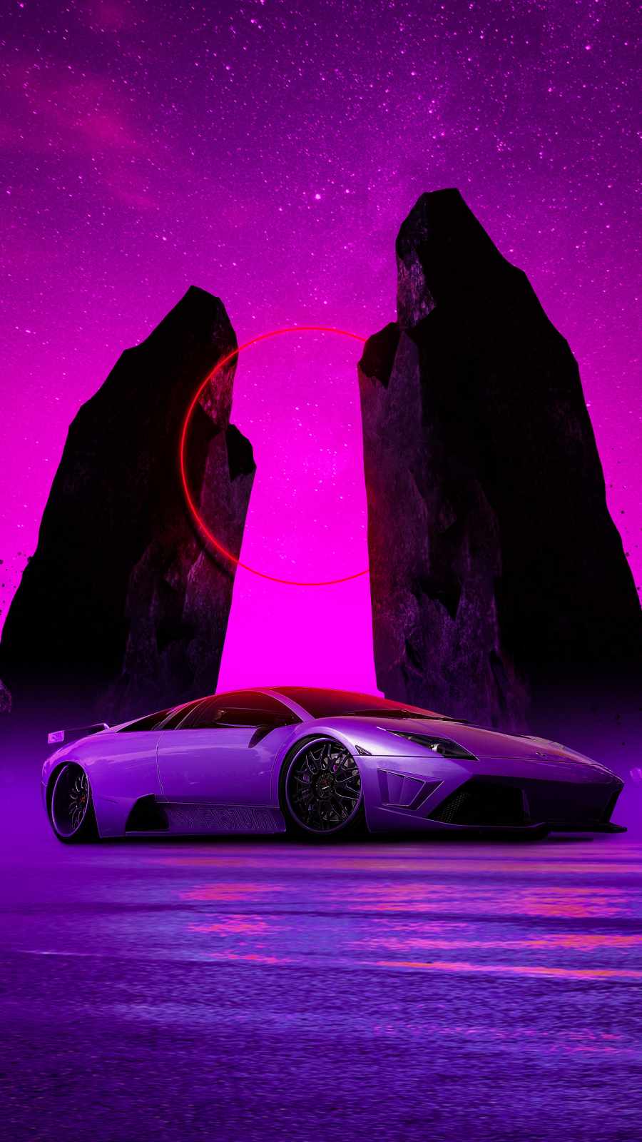 Lamborghini, Synthwave, Pinker Himmel, Neon, Silhouetten, HD, iPhone-Hintergrundbild
