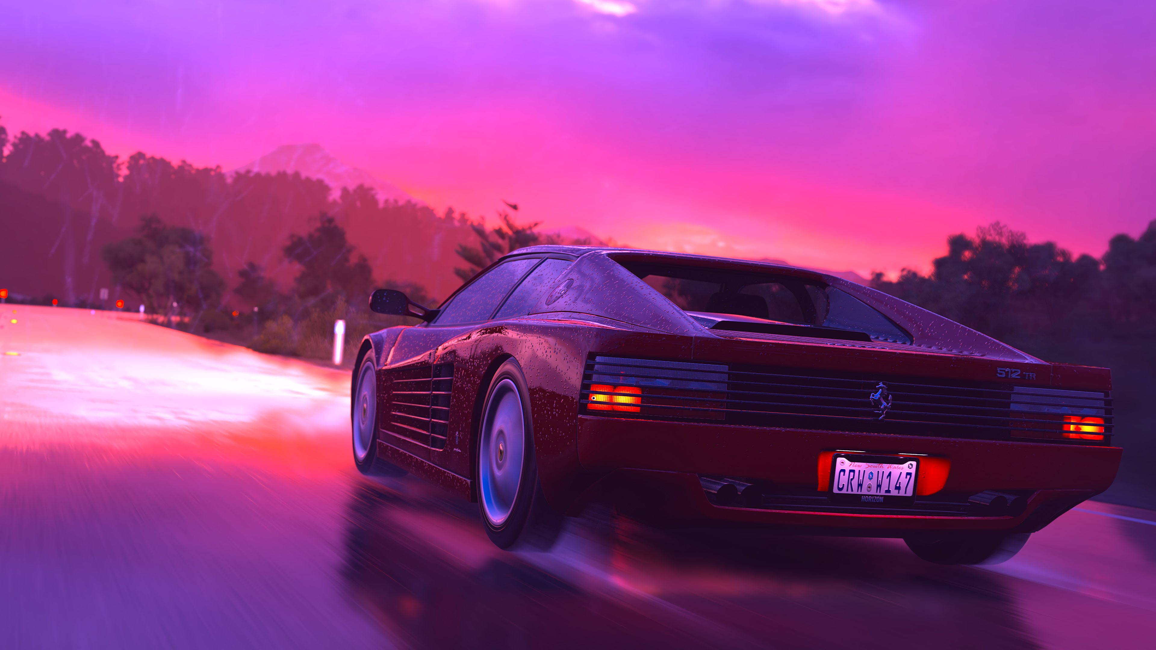 Ferrari Testarossa, Heckansicht, Synthwave, Lila Himmel, Nasse Straße, 4K, Breitbild-Hintergrundbild