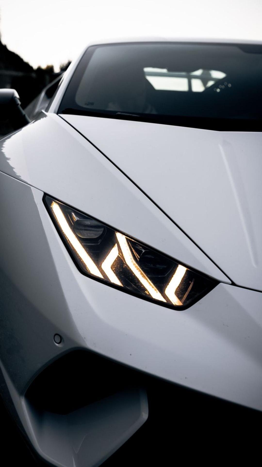 Lamborghini Huracán, Weißer Sportwagen, Scheinwerfer, Nahaufnahme, Full HD, Handy-Hintergrundbild