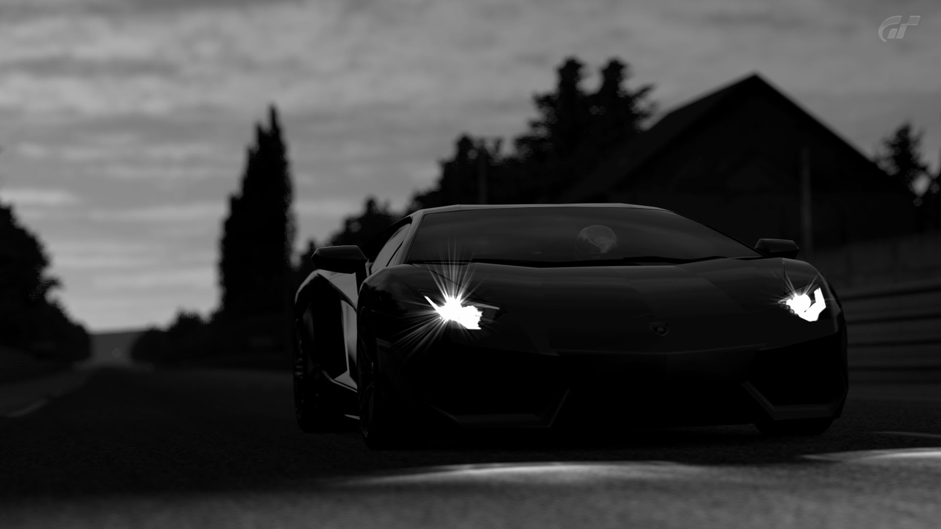 Lamborghini Aventador, Schwarzer Supersportwagen, Schwarzweiß, Scheinwerfer, Dämmerung, 1080p-Hintergrundbild