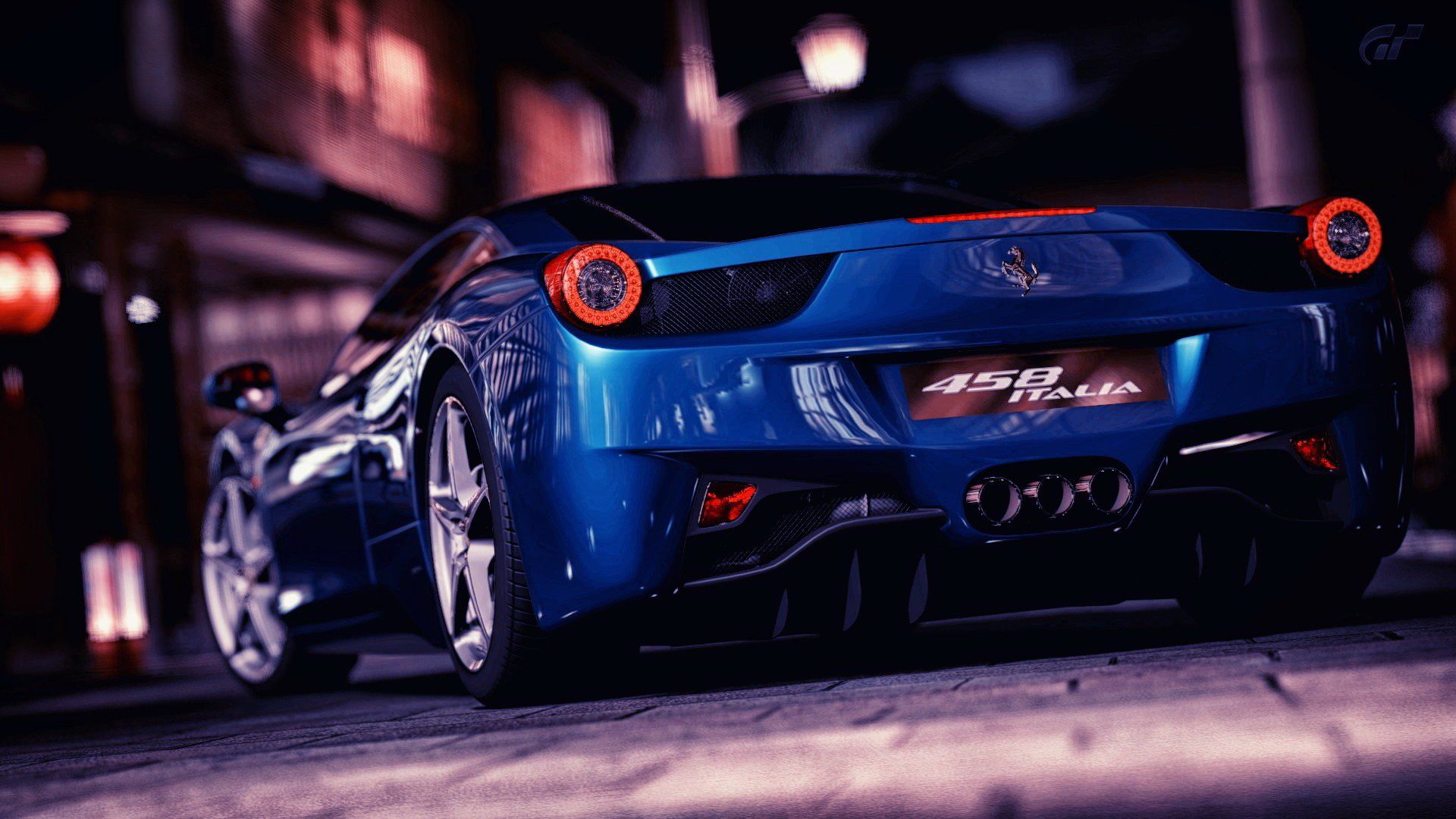Ferrari 458 Italia, Blauer Sportwagen, Heckansicht, Nacht, Gasse, 1920x1080, Desktop-Hintergrund
