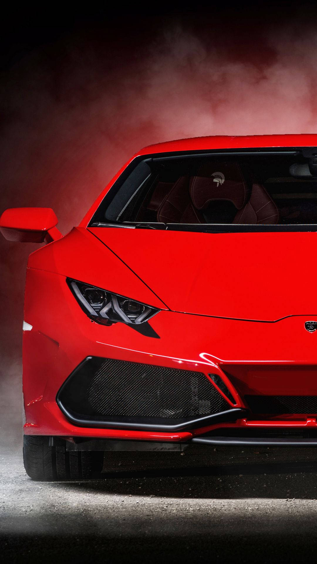 Lamborghini Huracán, Roter Sportwagen, Frontansicht, Rauch, Dunkel, Full HD, iPhone-Hintergrundbild