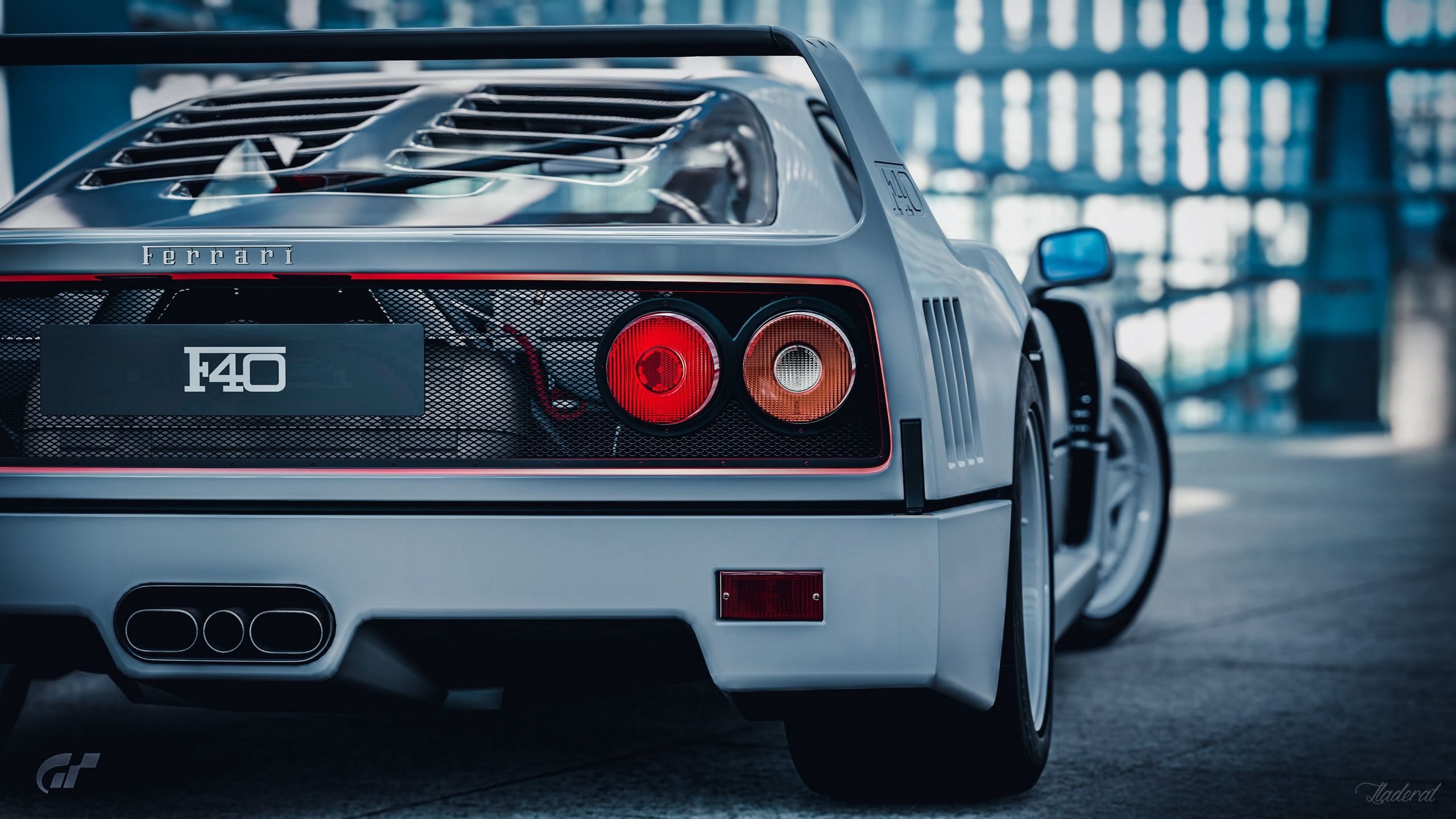 Ferrari F40, Weißer Sportwagen, Heckansicht, Gran Turismo, 2K, Breitbild-Hintergrundbild