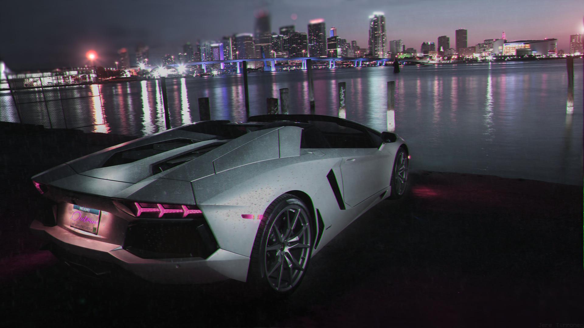 Lamborghini Aventador Roadster, Silberner Supersportwagen, Skyline, Nacht, Uferpromenade, 1080p-Hintergrundbild
